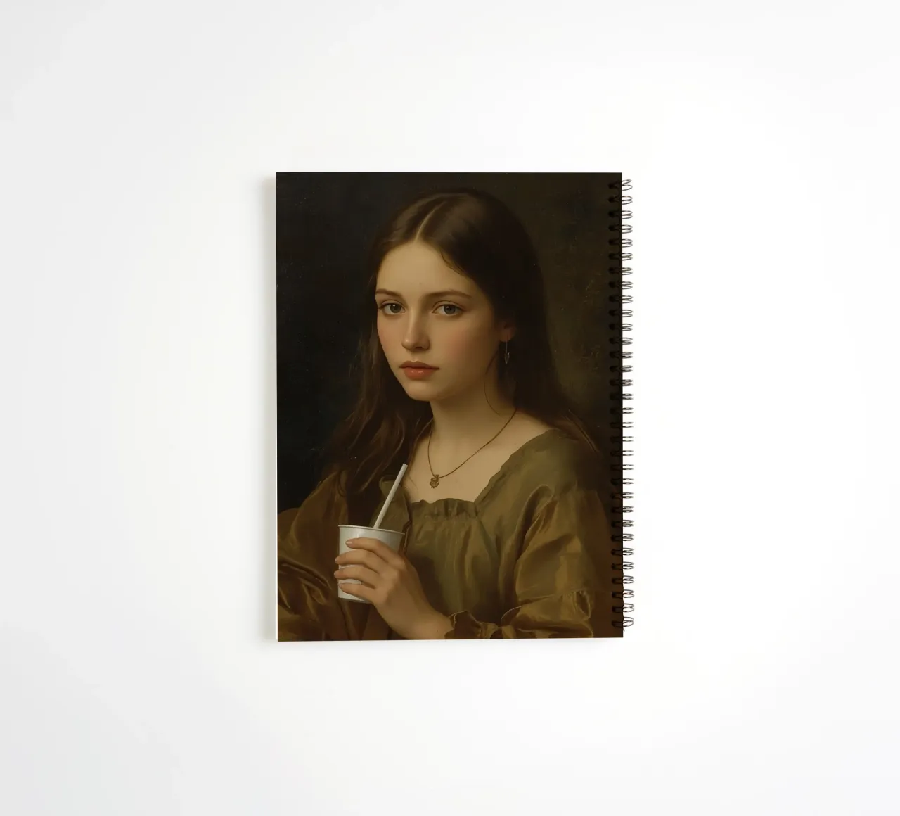 Giovane donna che tiene in mano una tazza, con indosso un indumento marrone, contro diario ad anelli da DesignDoodle