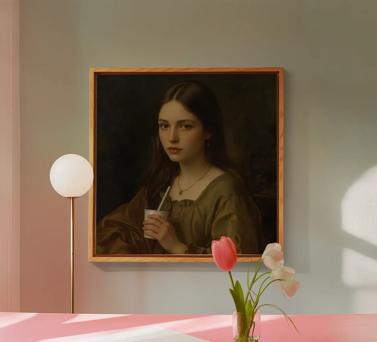 Giovane donna che tiene in mano una tazza, con indosso un indumento marrone, contro plexiglass da DesignDoodle