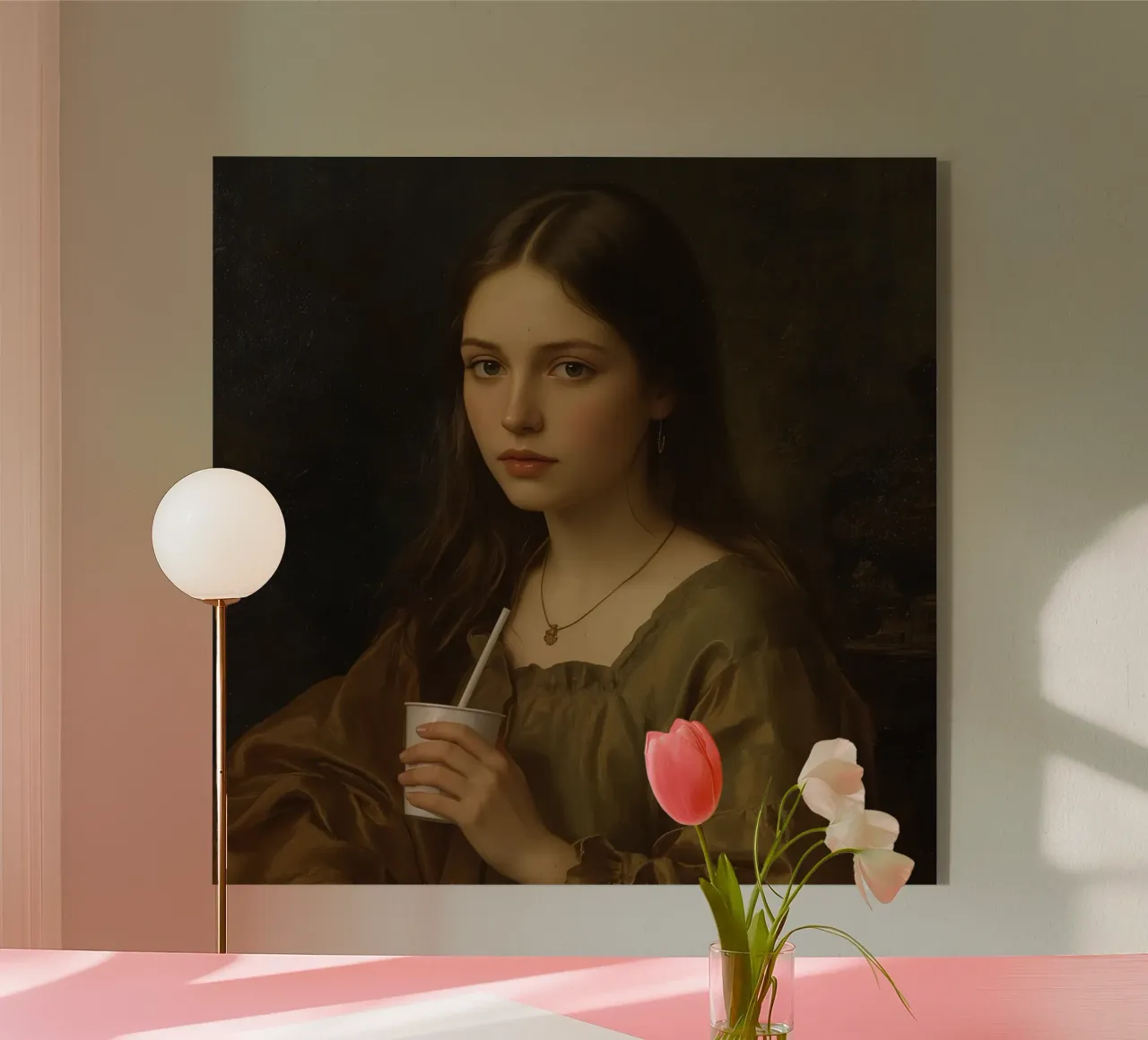 Giovane donna che tiene in mano una tazza, con indosso un indumento marrone, contro plexiglass da DesignDoodle