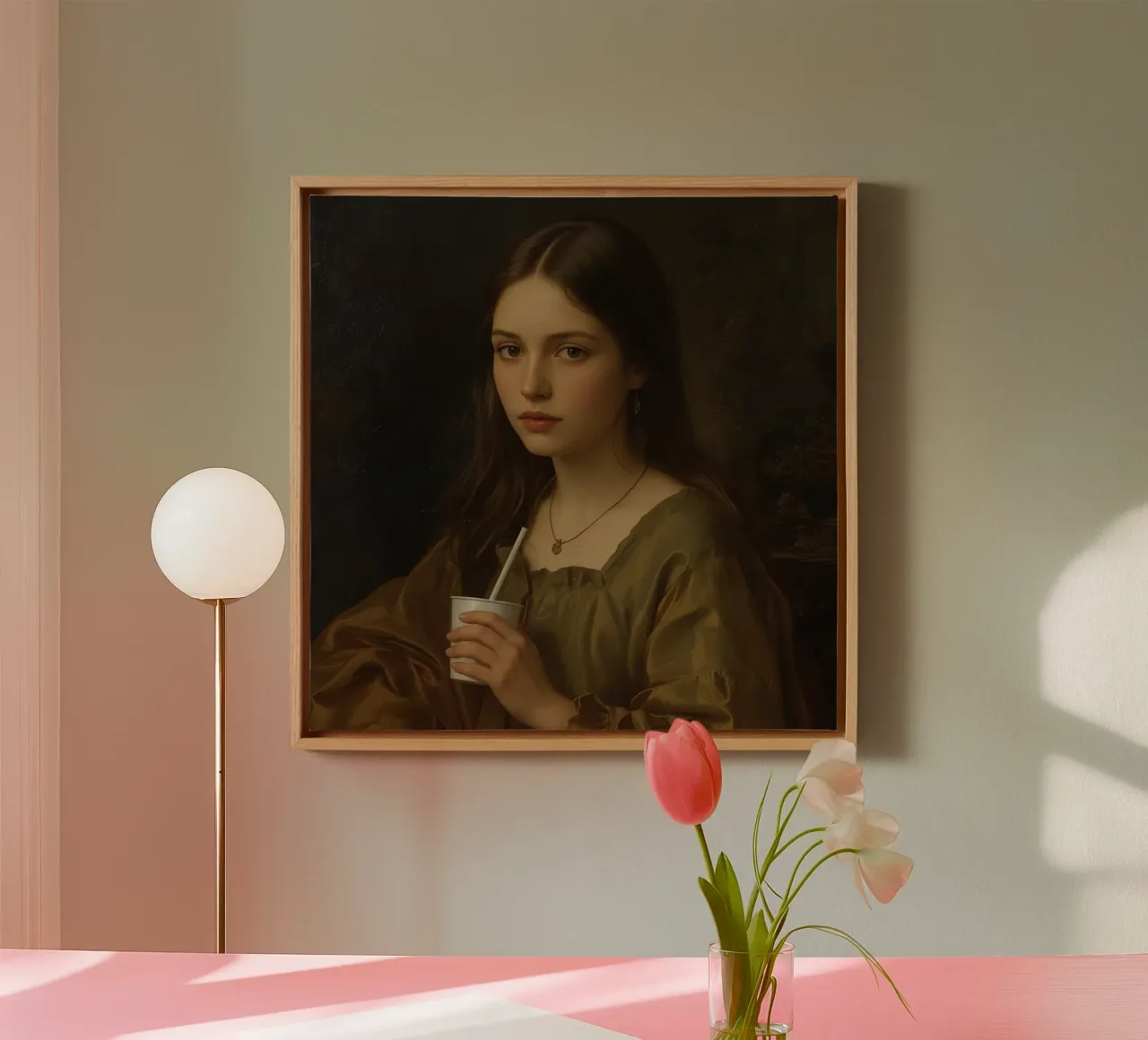 Giovane donna che tiene in mano una tazza, con indosso un indumento marrone, contro tela da DesignDoodle