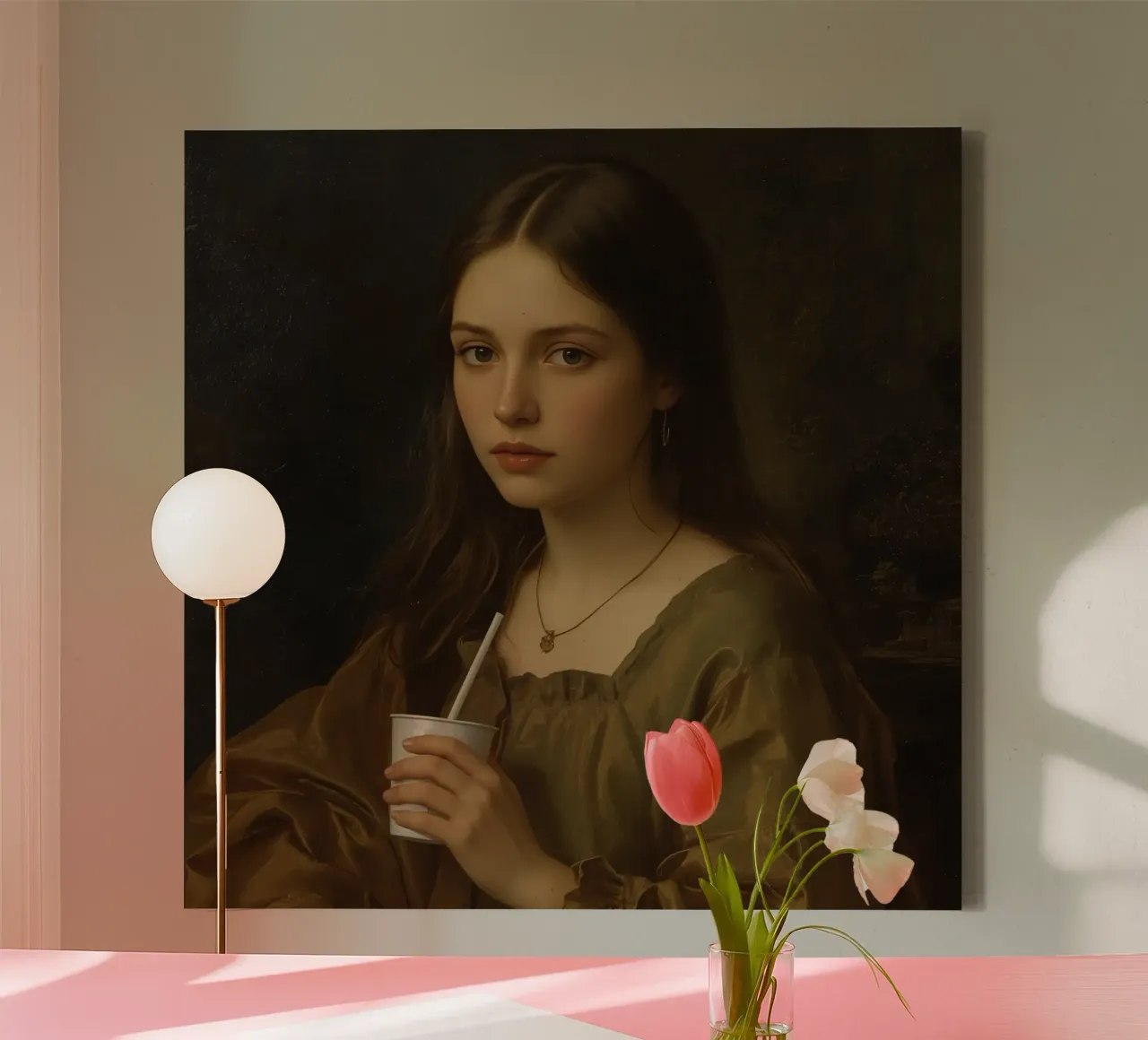 Giovane donna che tiene in mano una tazza, con indosso un indumento marrone, contro tela da DesignDoodle