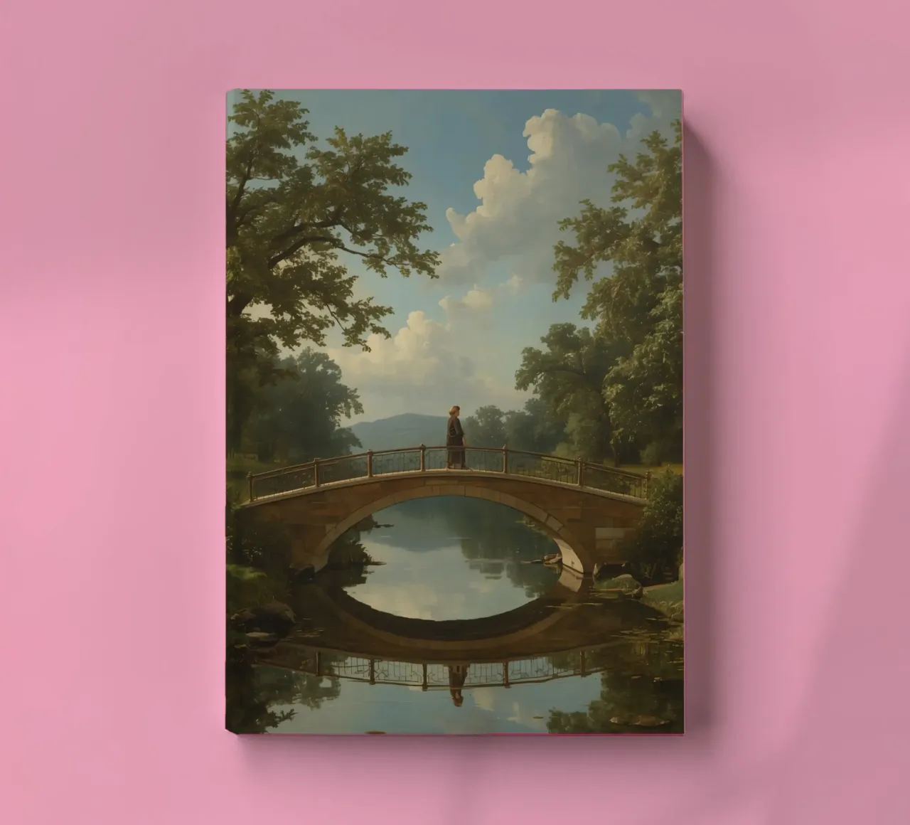 Elegant stone bridge over a calm lake surrounded by lush notebook by DesignDoodle