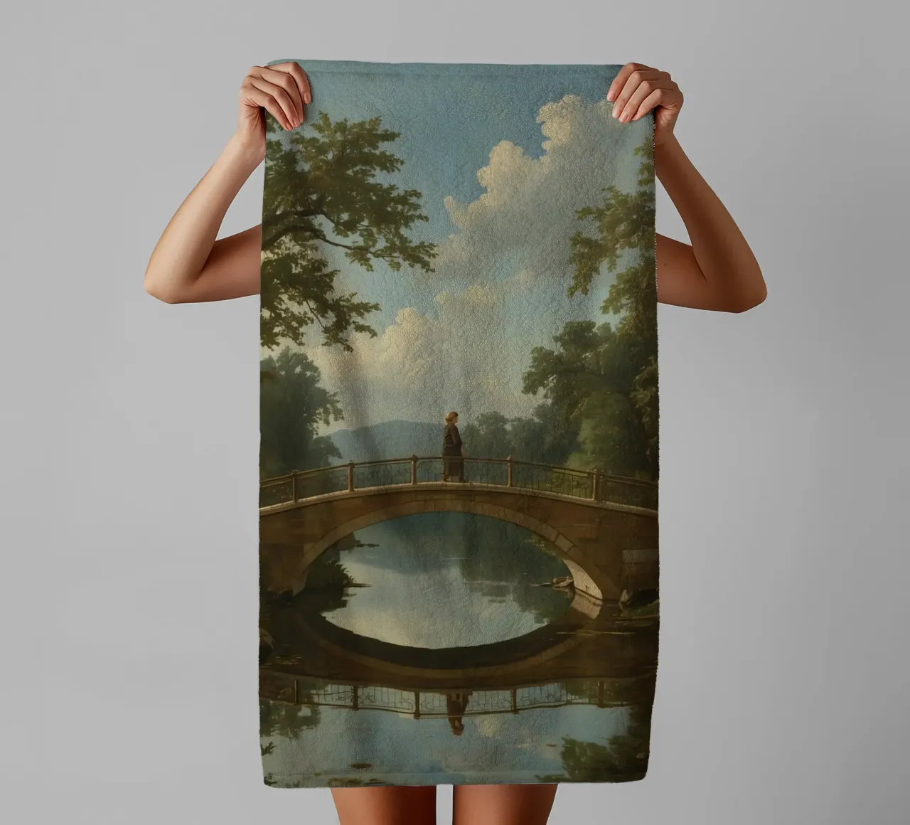 Elegant stone bridge over a calm lake surrounded by lush towel by DesignDoodle