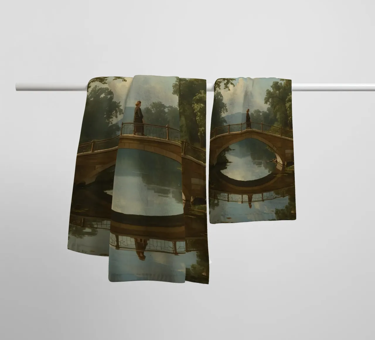 Elegant stone bridge over a calm lake surrounded by lush towel by DesignDoodle