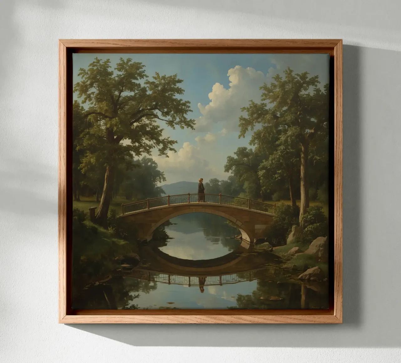 Elegant stone bridge over a calm lake surrounded by lush canvas with Floater frame by DesignDoodle