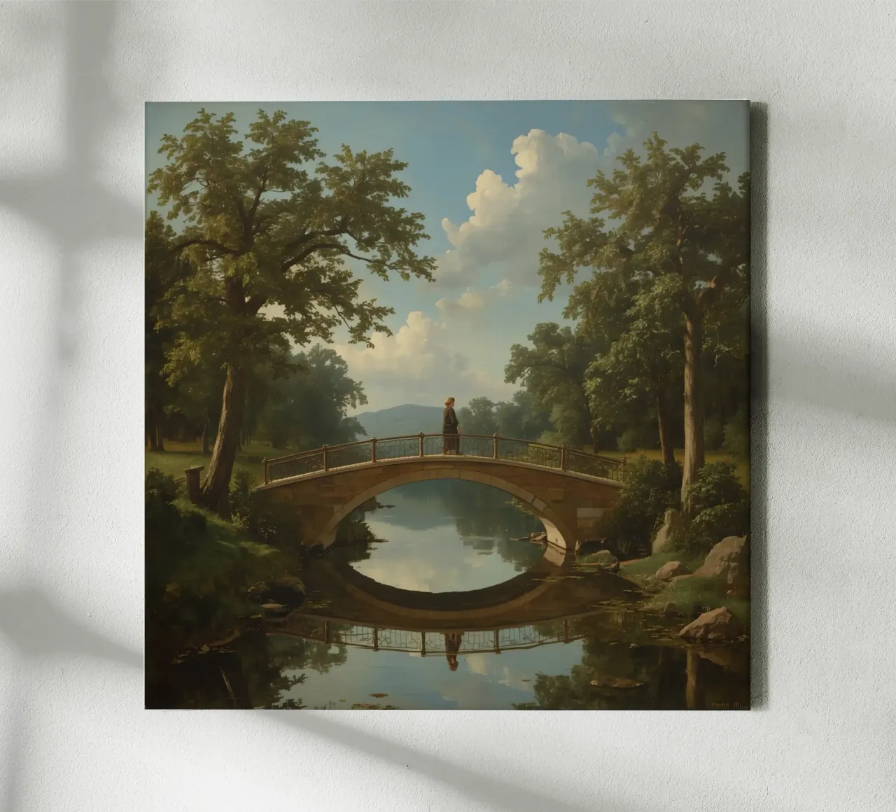 Elegant stone bridge over a calm lake surrounded by lush canvas with Floater frame by DesignDoodle