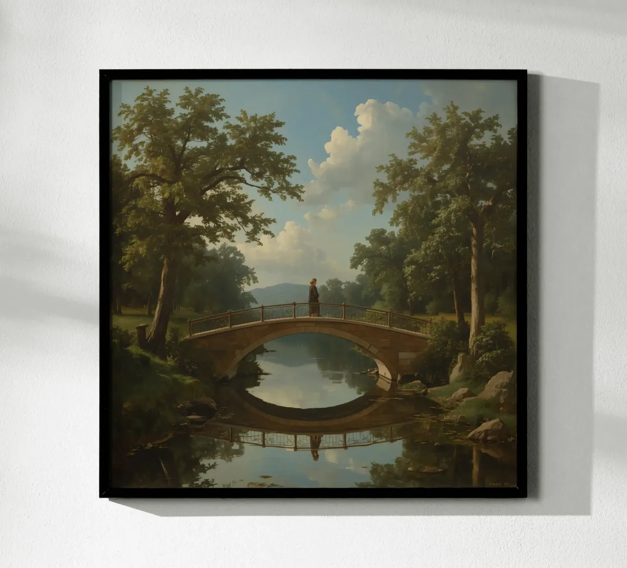 Elegant stone bridge over a calm lake surrounded by lush poster by DesignDoodle