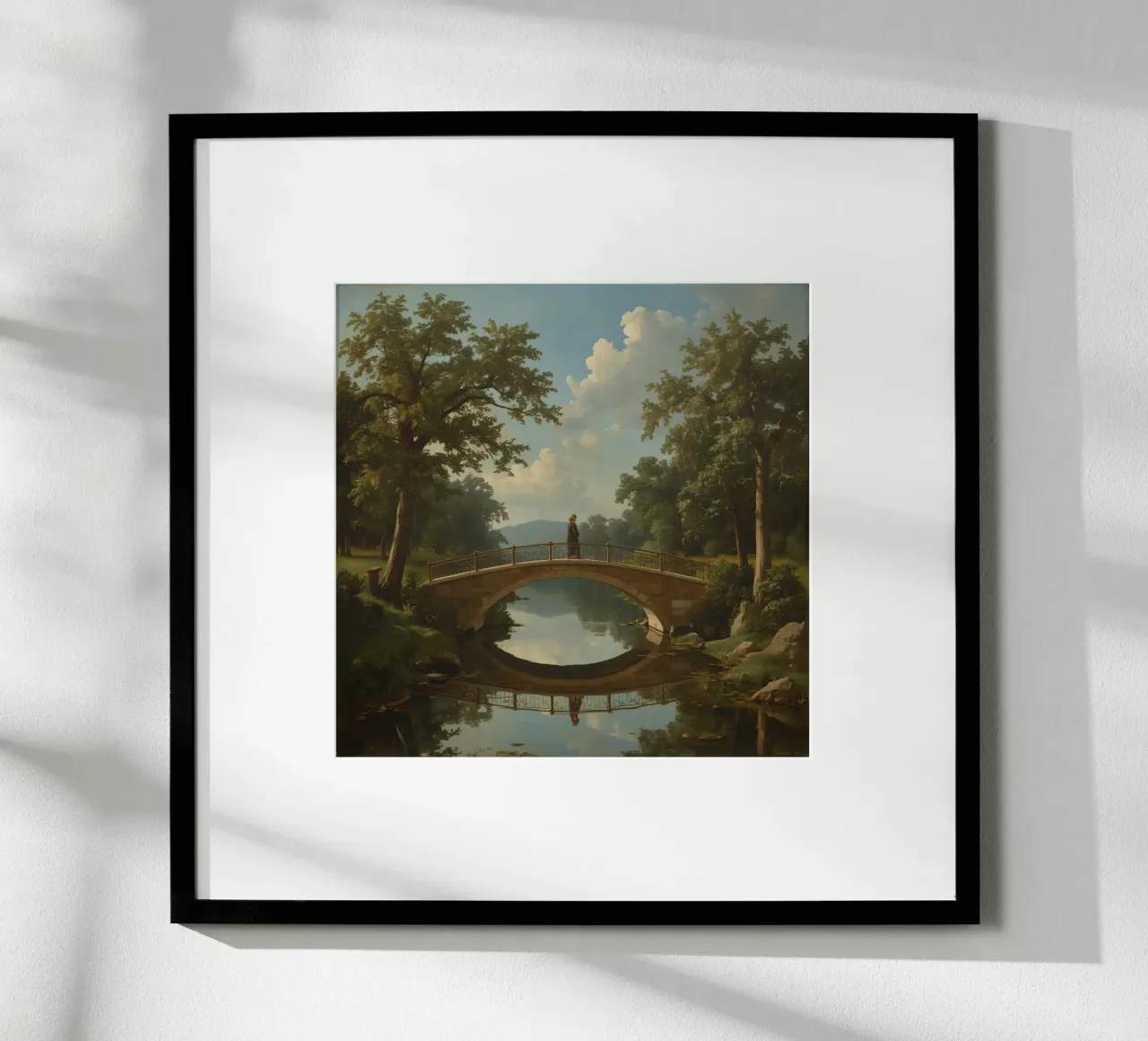 Elegant stone bridge over a calm lake surrounded by lush poster by DesignDoodle