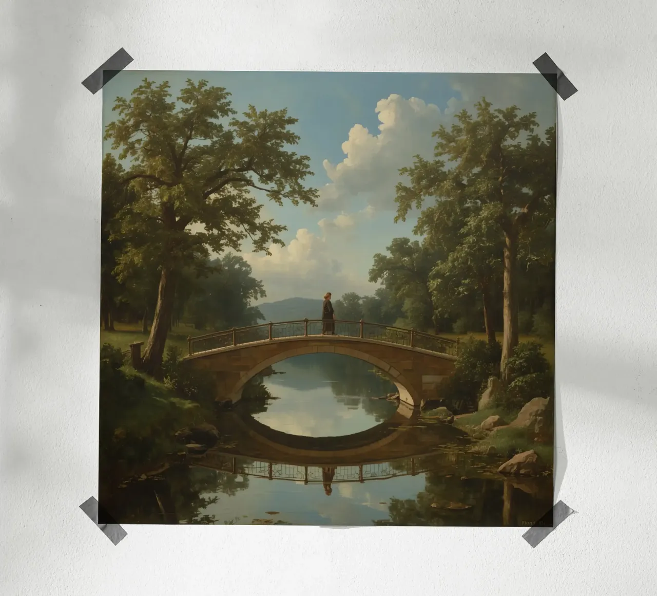 Elegant stone bridge over a calm lake surrounded by lush poster by DesignDoodle