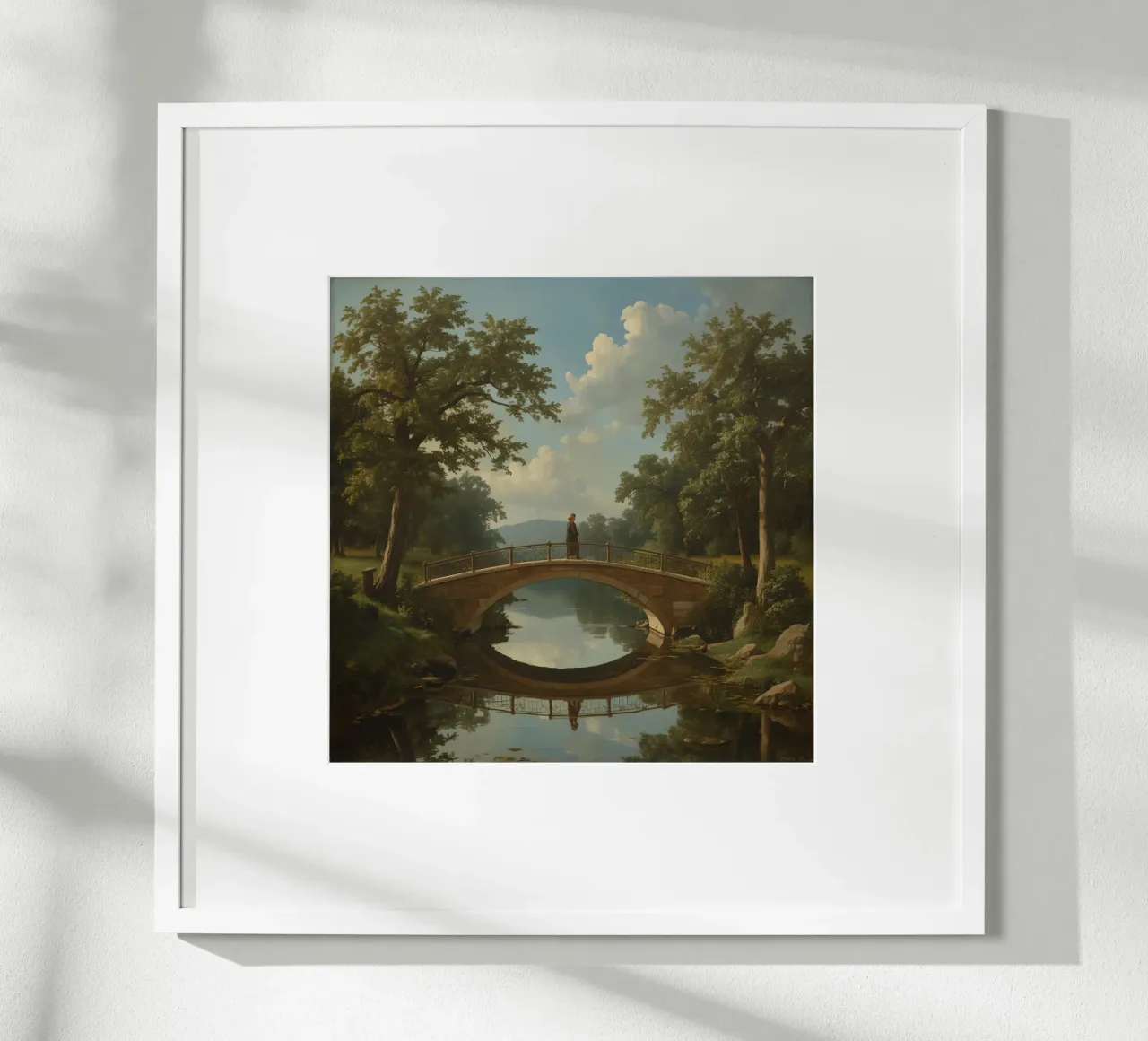 Elegant stone bridge over a calm lake surrounded by lush poster by DesignDoodle