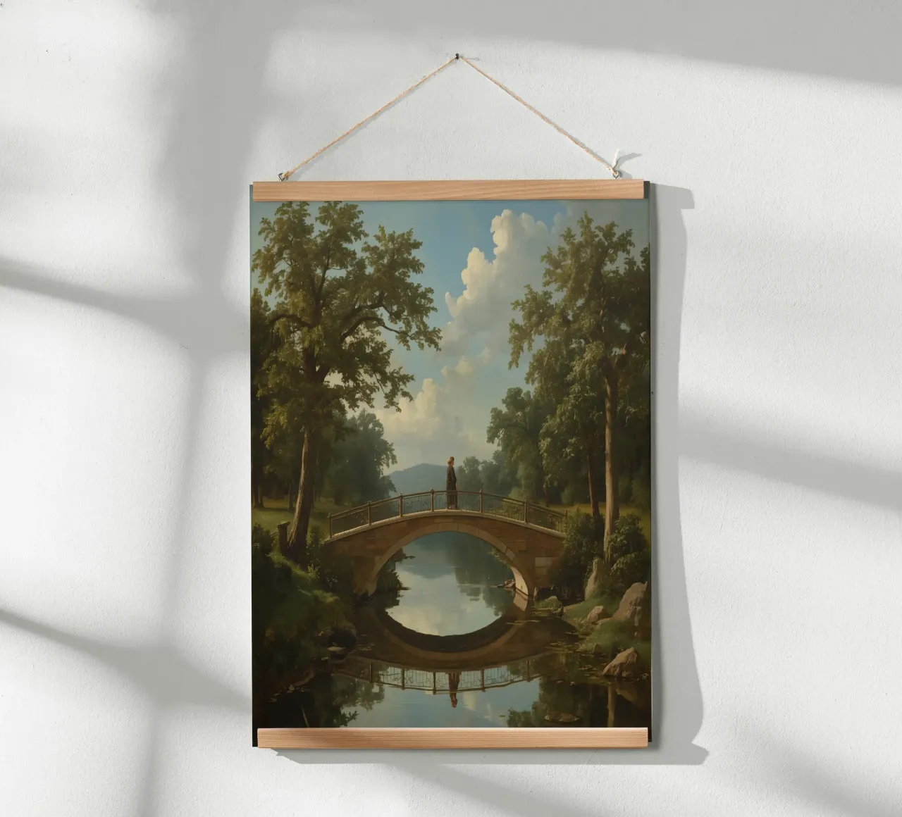 Elegant stone bridge over a calm lake surrounded by lush poster by DesignDoodle