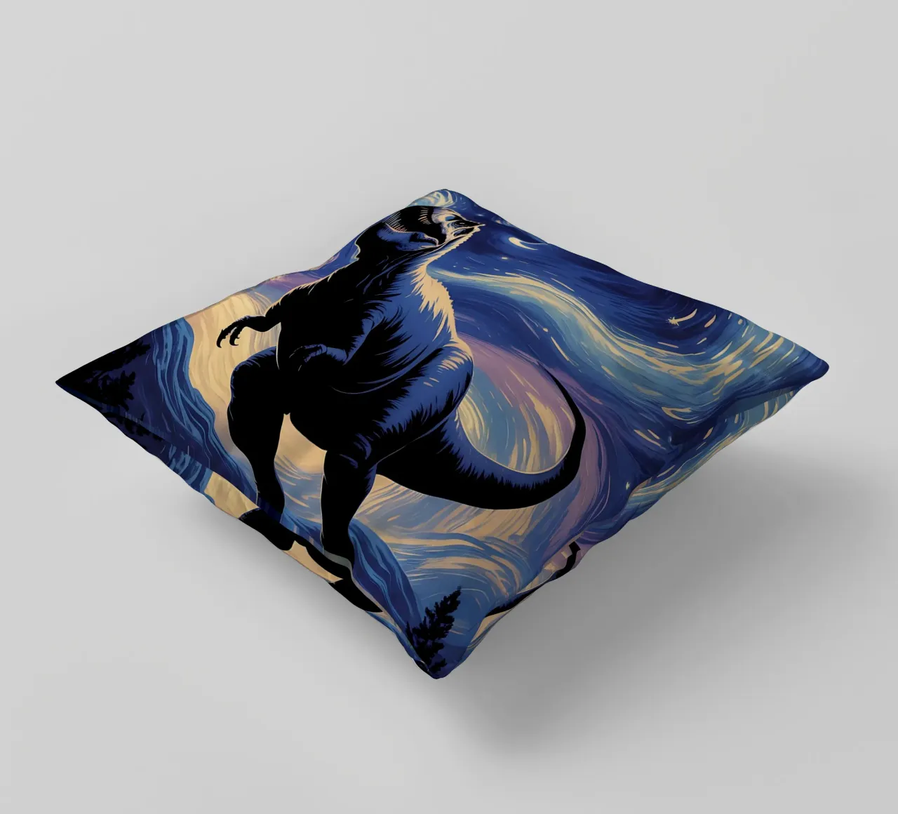 Tyrannosaurus under a swirling starry sky decorative cushion by Plain Thoughts