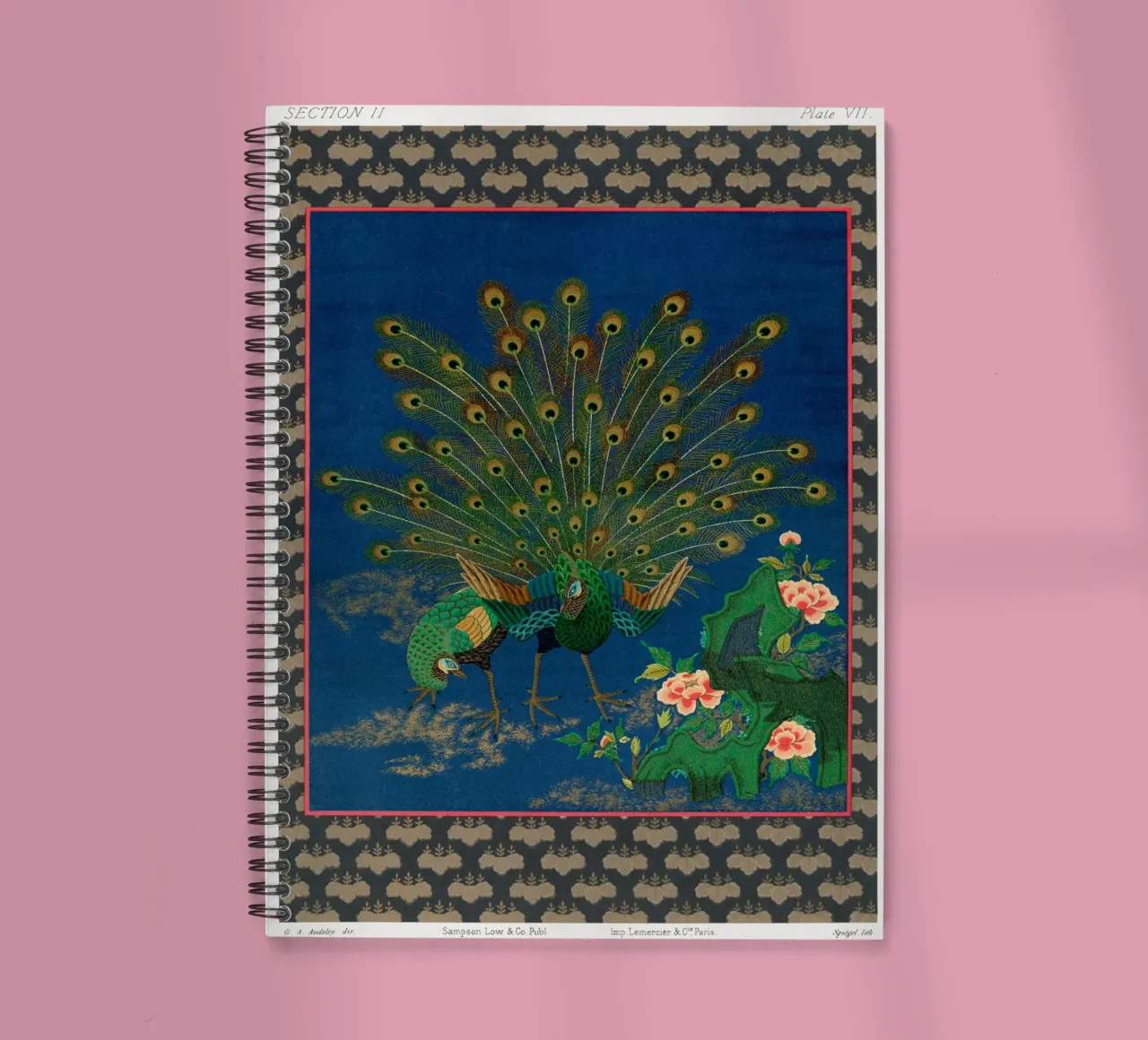 Peacock showing off to peahen spiral notebook by vintageshop