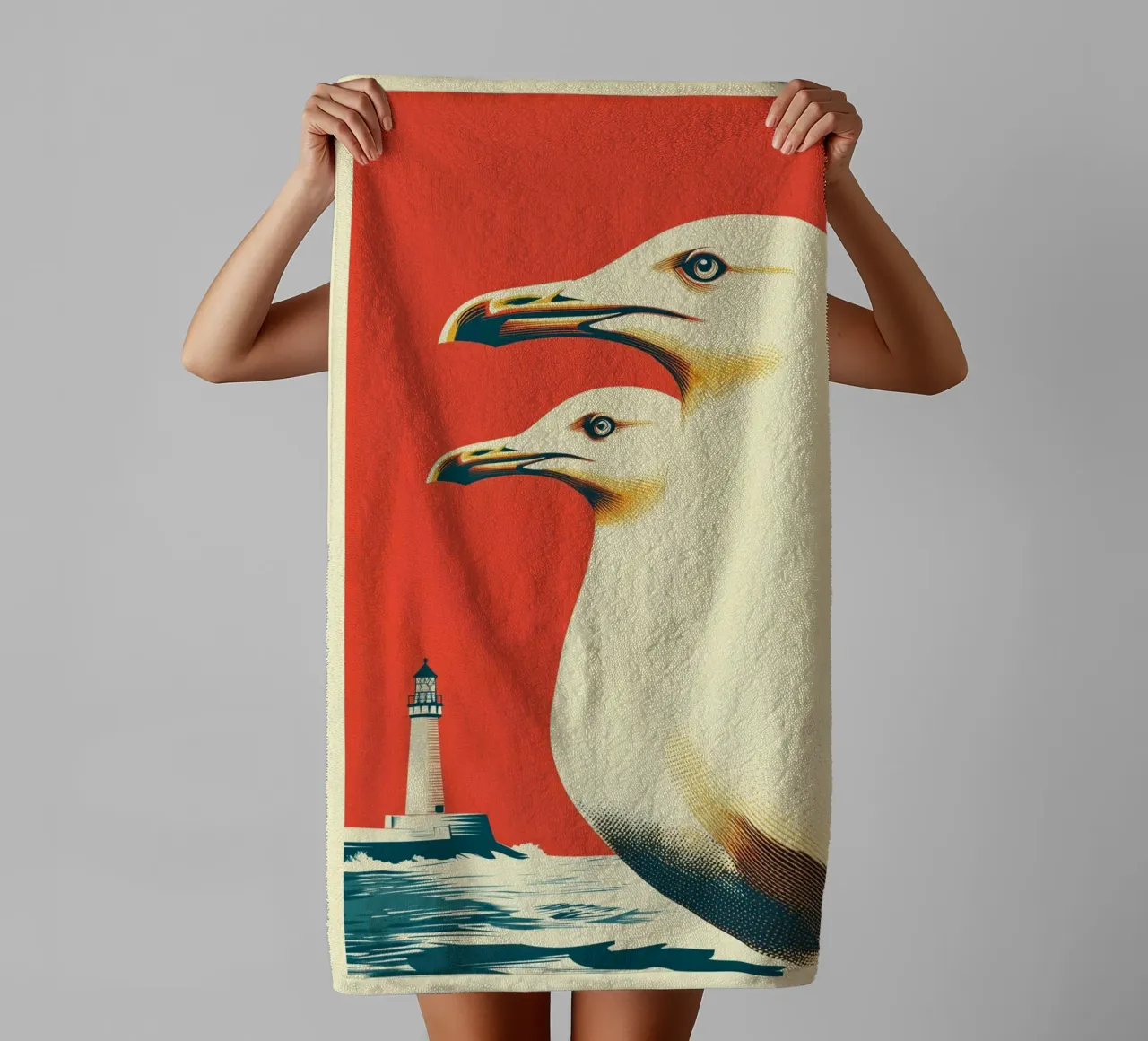 Two seagulls and a lighthouse | Authentic coastal romance towel by Autofocus