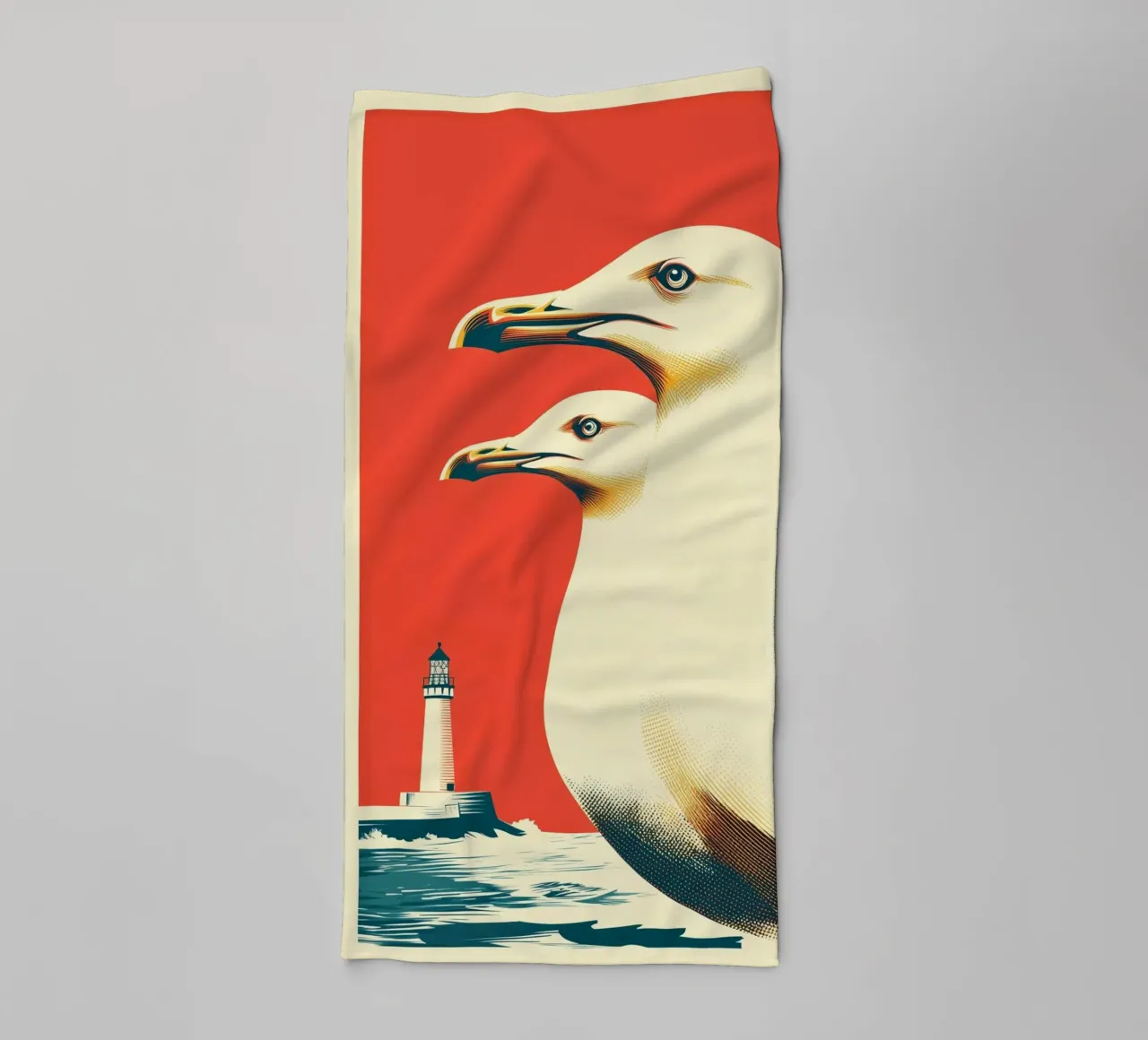 Two seagulls and a lighthouse | Authentic coastal romance towel by Autofocus