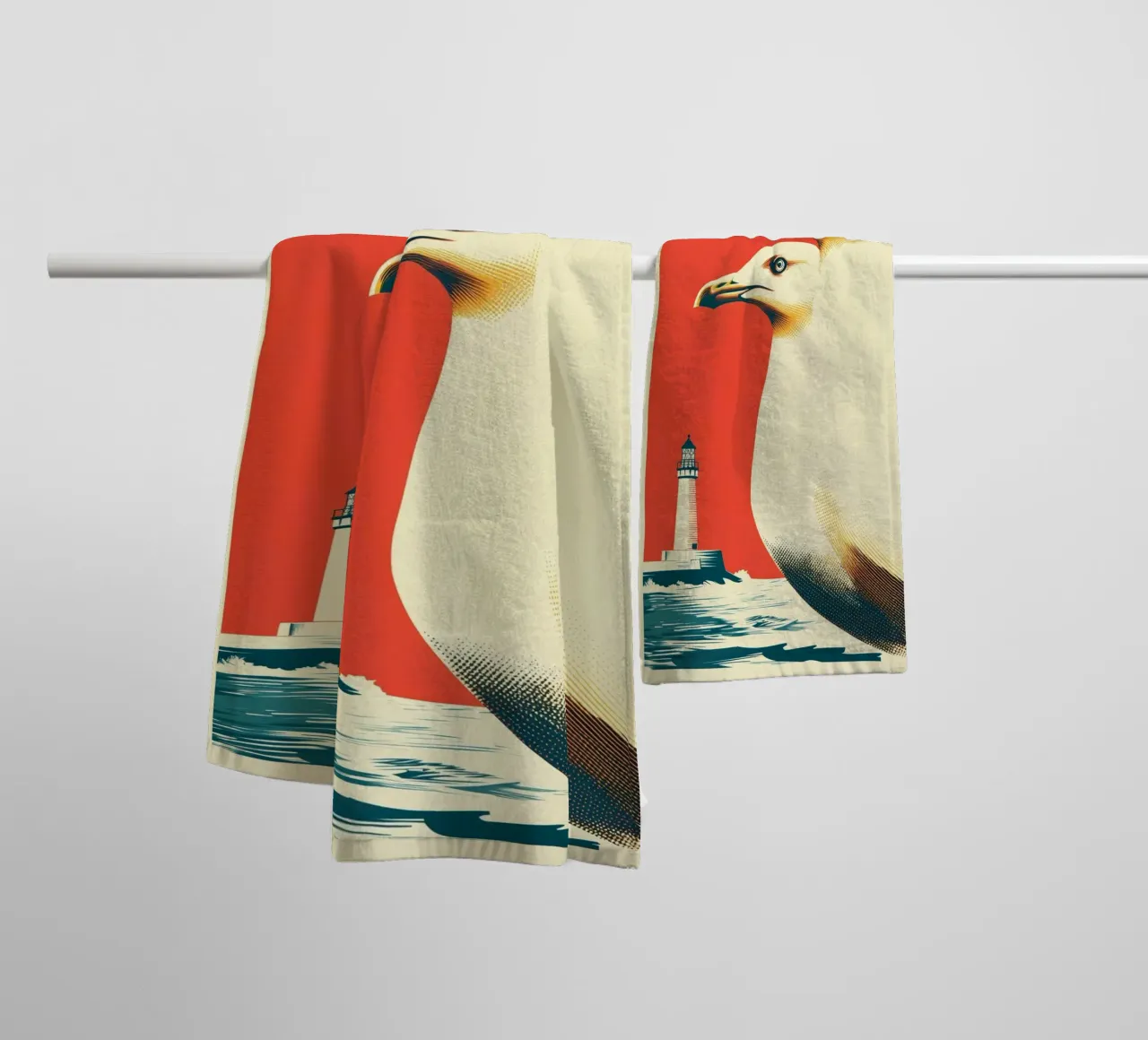 Two seagulls and a lighthouse | Authentic coastal romance towel by Autofocus