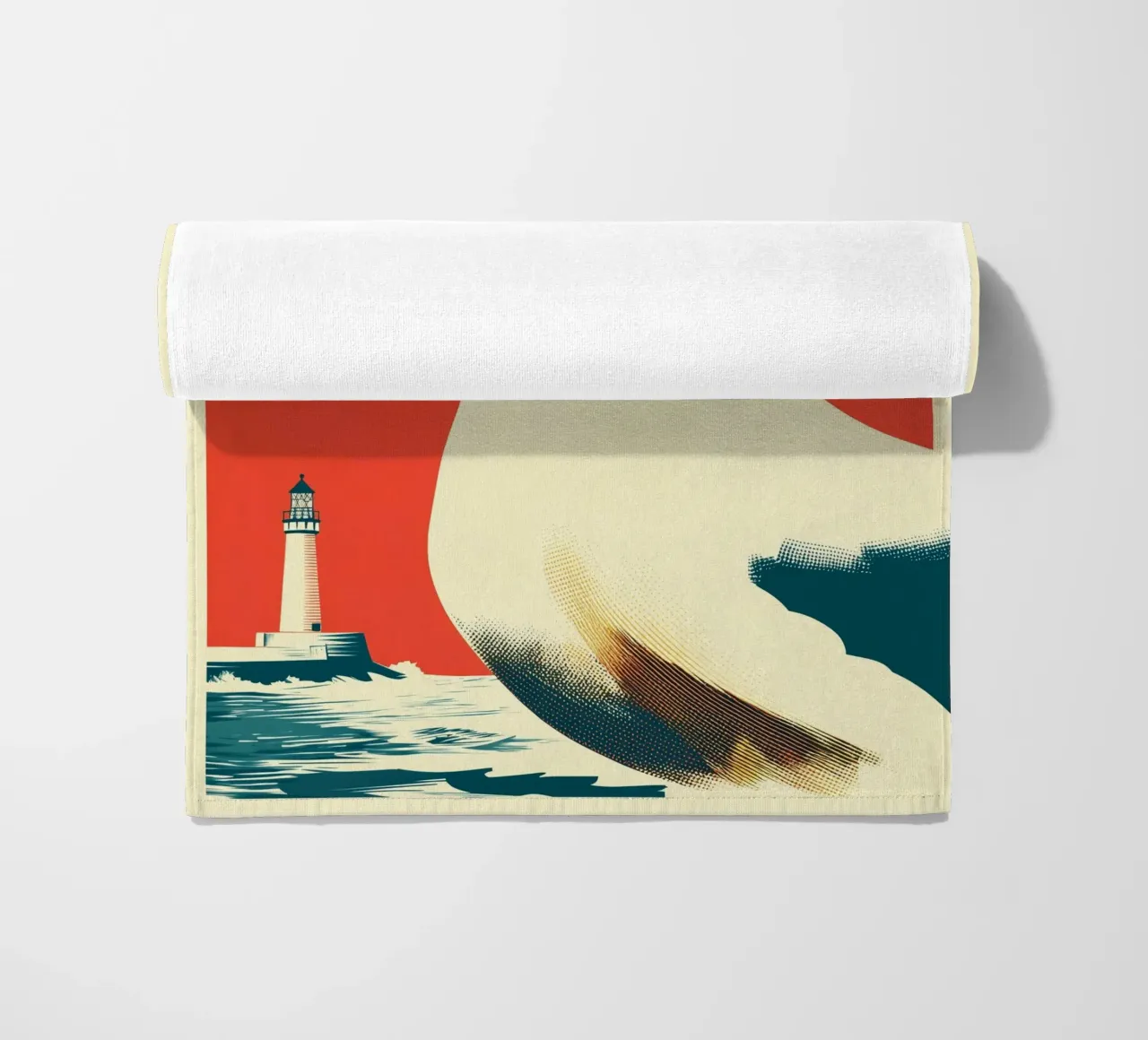 Due gabbiani e un faro | Autentico romanticismo costiero telo mare da Autofocus