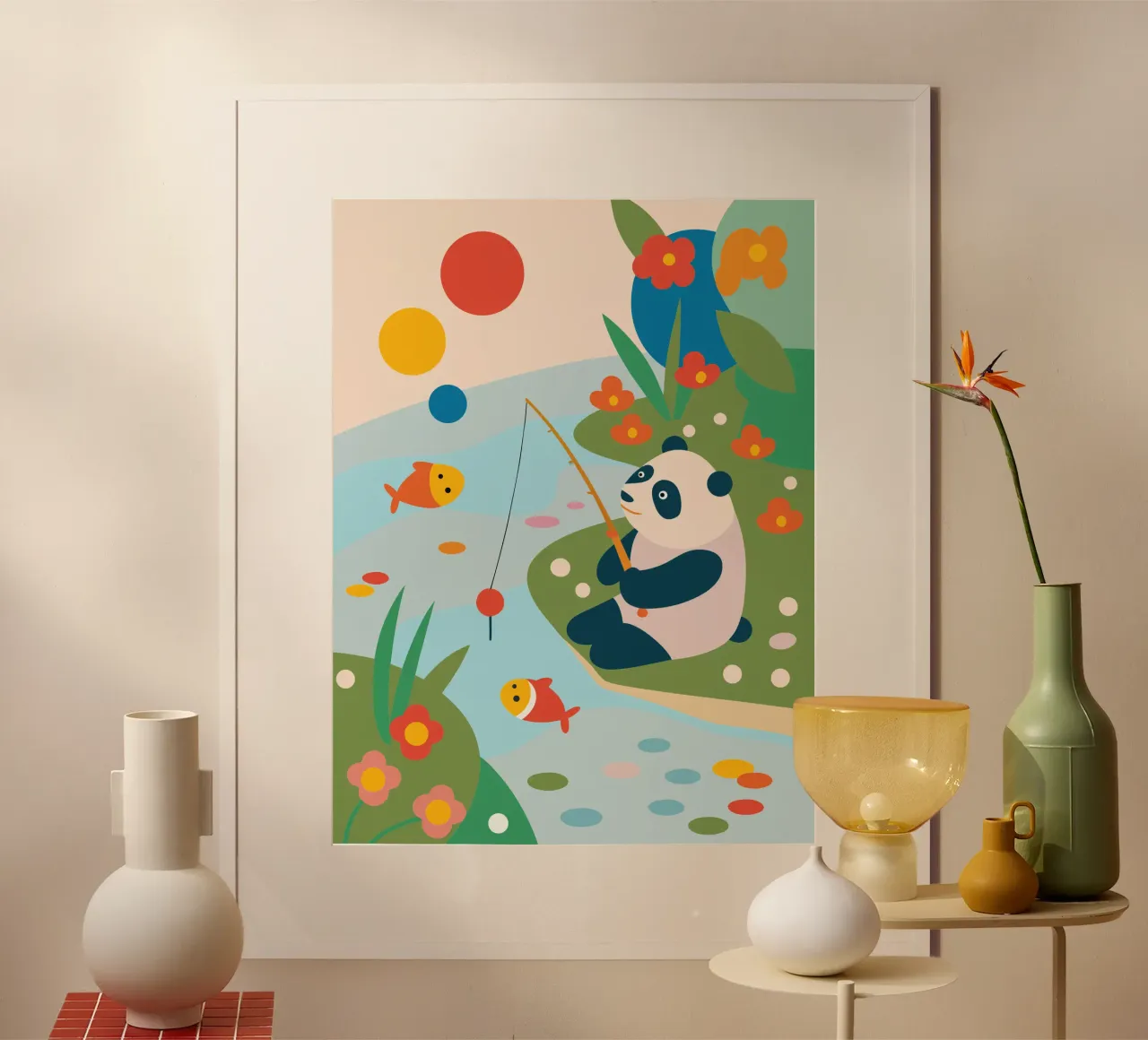 Panda da pesca poster con telaio in plastica da CUTE ANIMALS