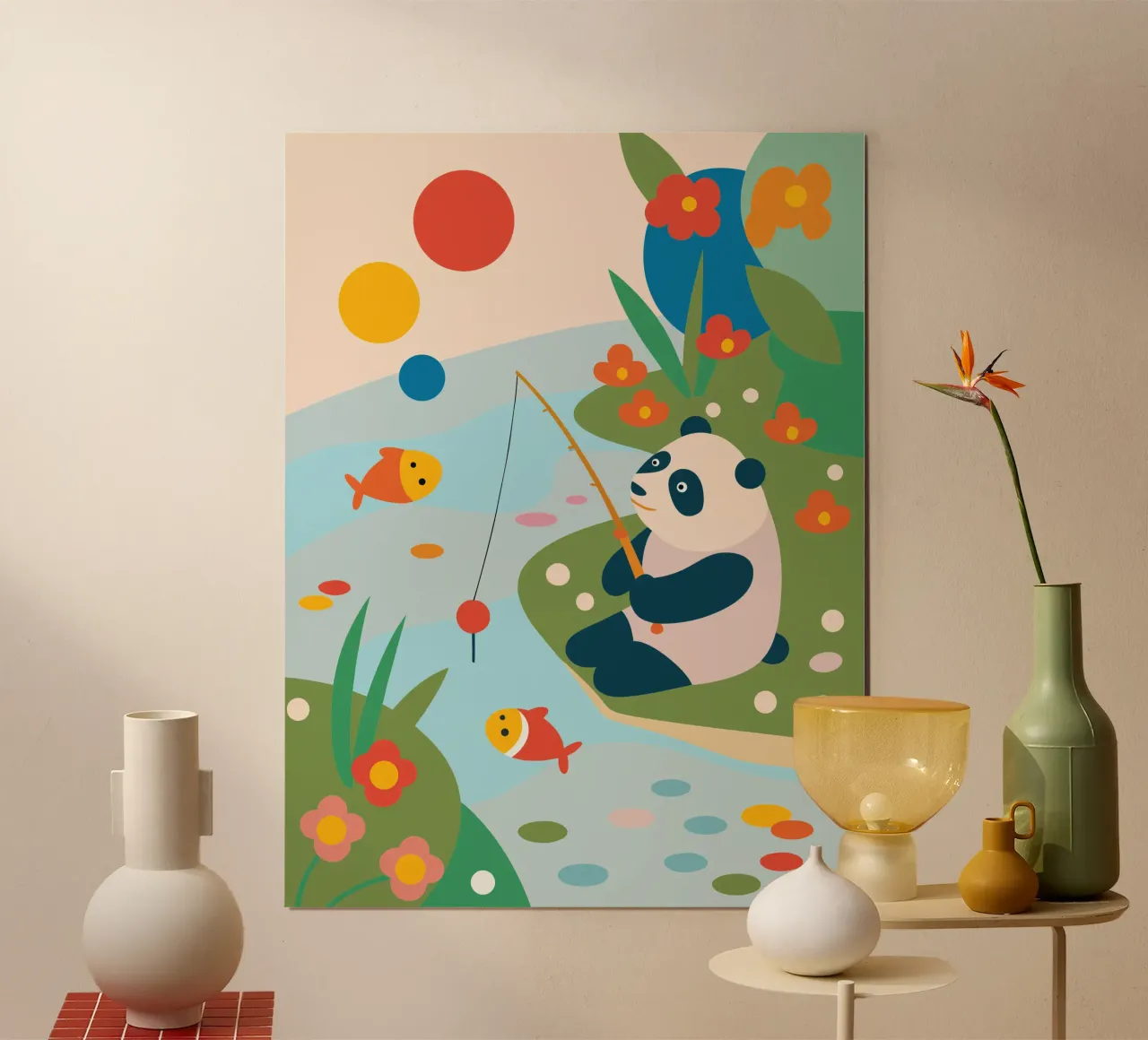 Panda da pesca poster con telaio in plastica da CUTE ANIMALS