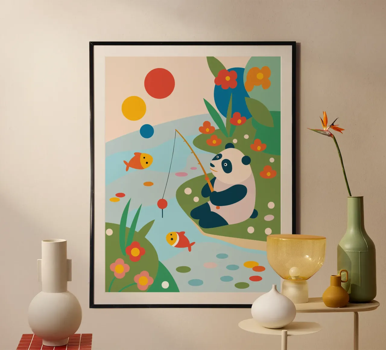 Panda da pesca poster con telaio in plastica da CUTE ANIMALS