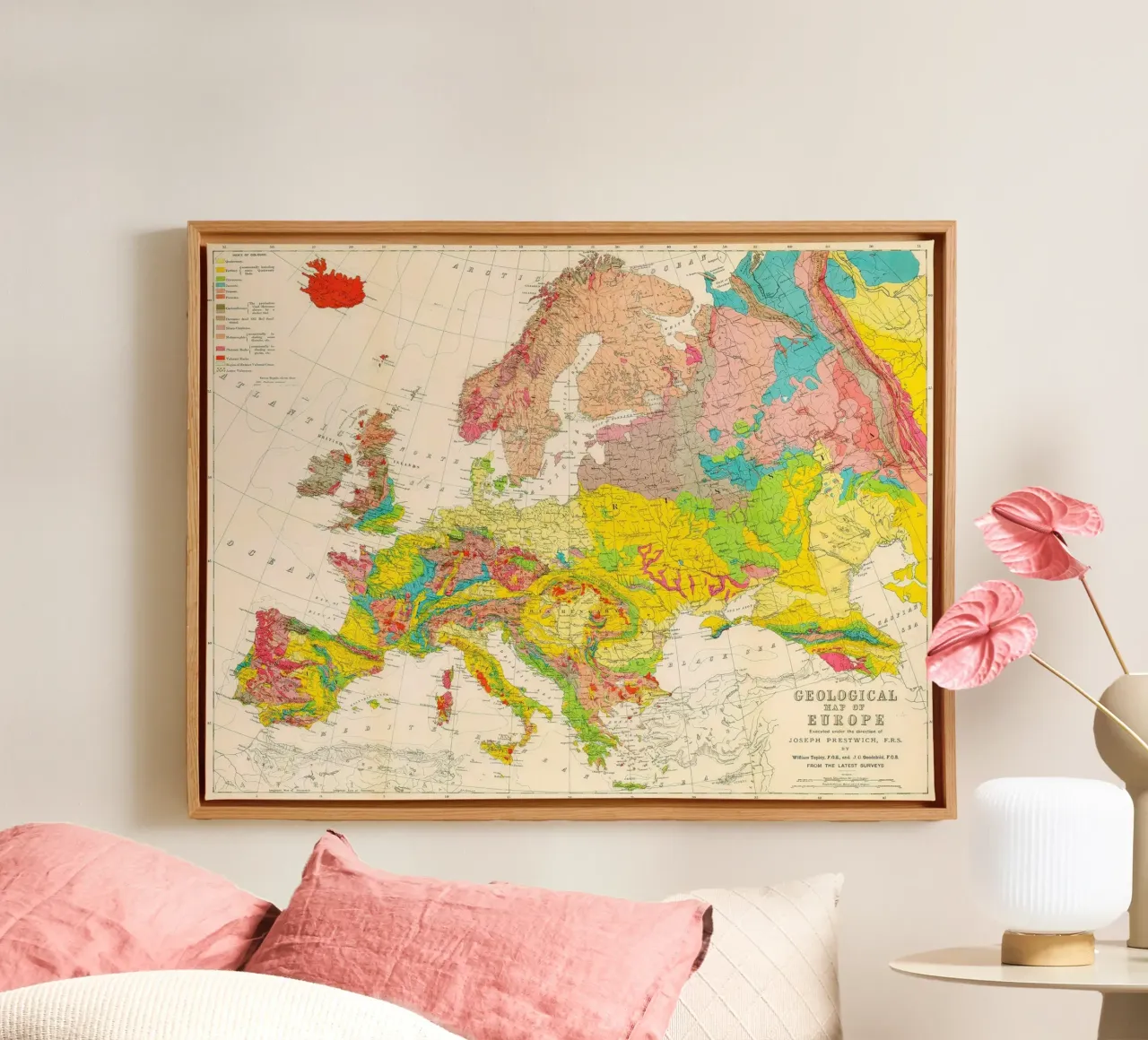 Geological map of Europe around 1860 canvas with Floater frame by Lyndamaps