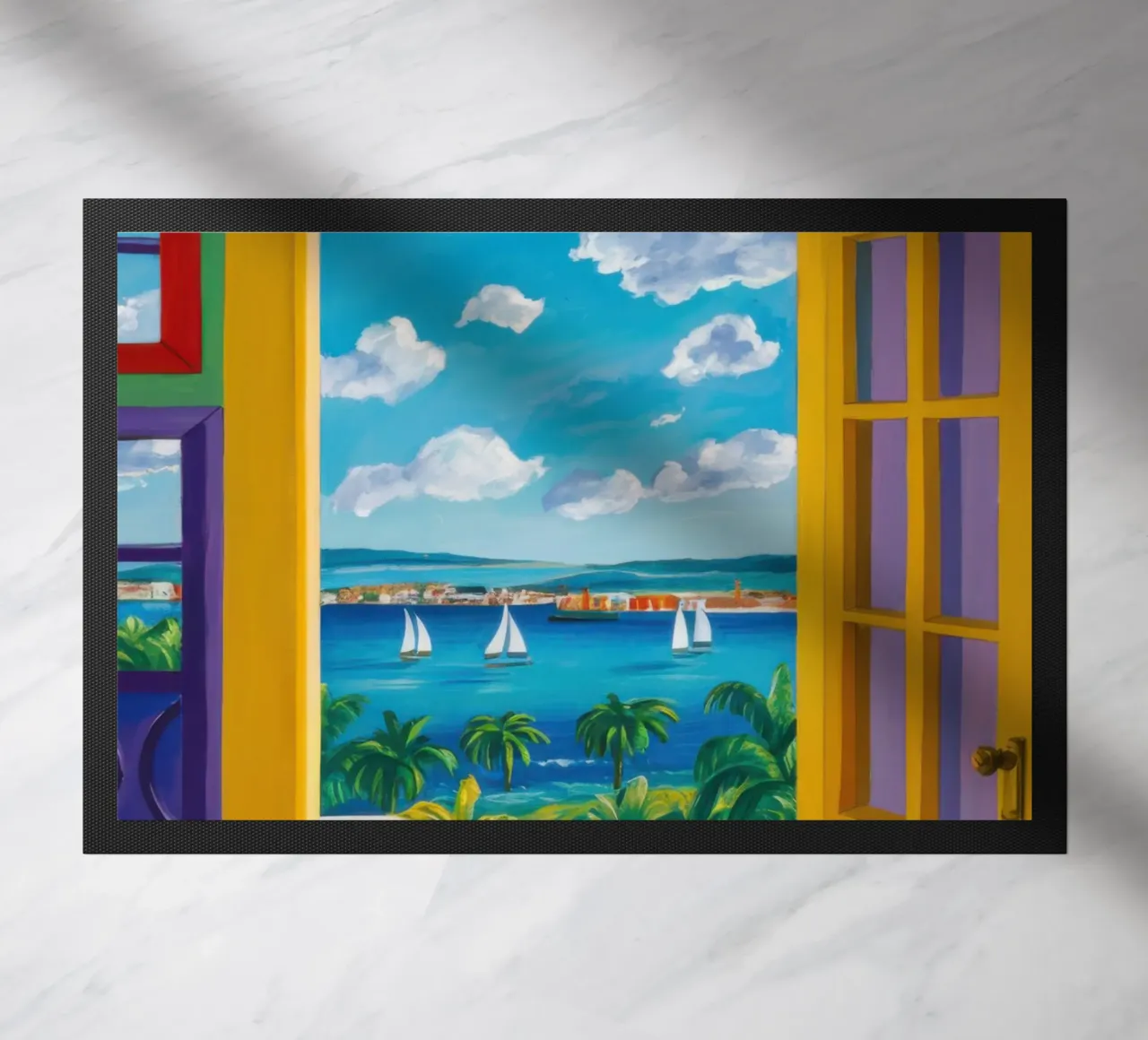 Vue de la porte ensoleillée paillasson de Frosh Pallete