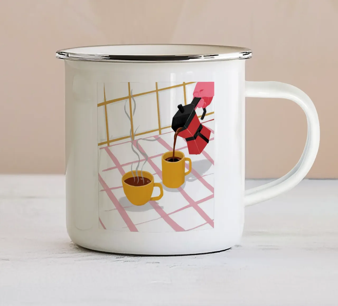 Ochtendkoffie met zonovergoten licht emaille mok van Lunar Valentina