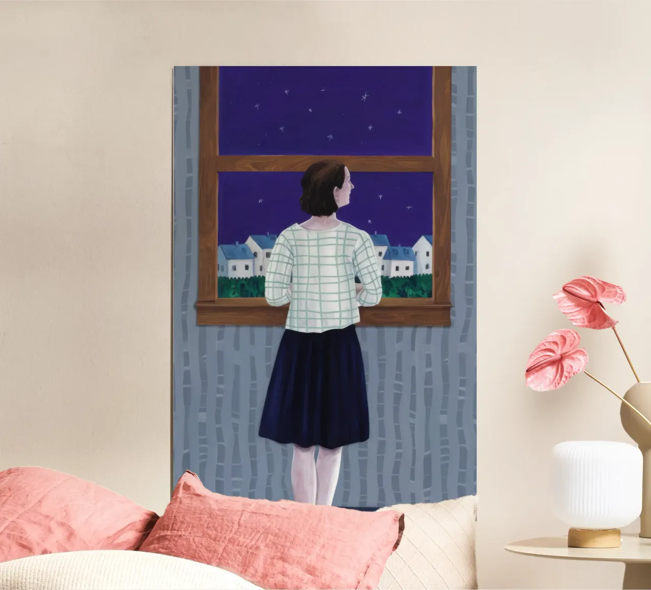 Sguardo alla finestra stellata poster con telaio in legno da Lunar Valentina