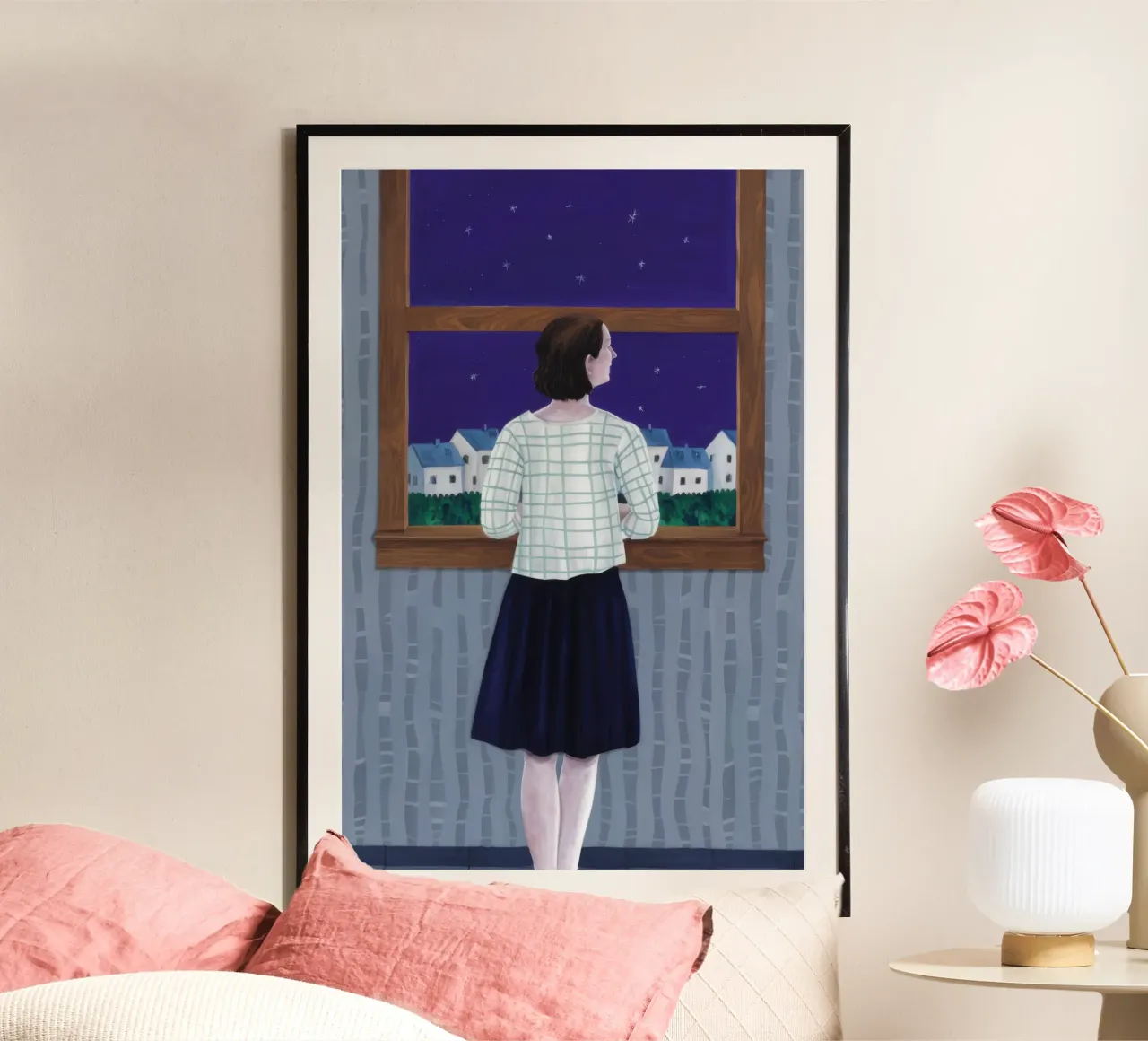 Sguardo alla finestra stellata poster con telaio in legno da Lunar Valentina