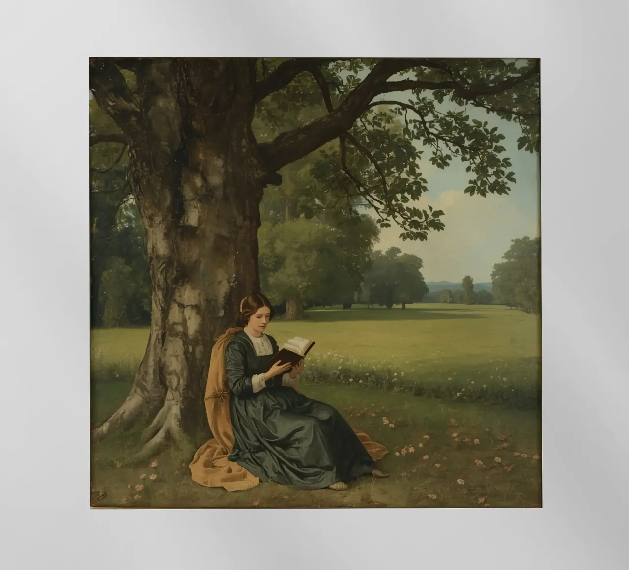 Ragazza che legge un libro sotto un grande albero in un parco verdeggiante pellicola backlit da DesignDoodle