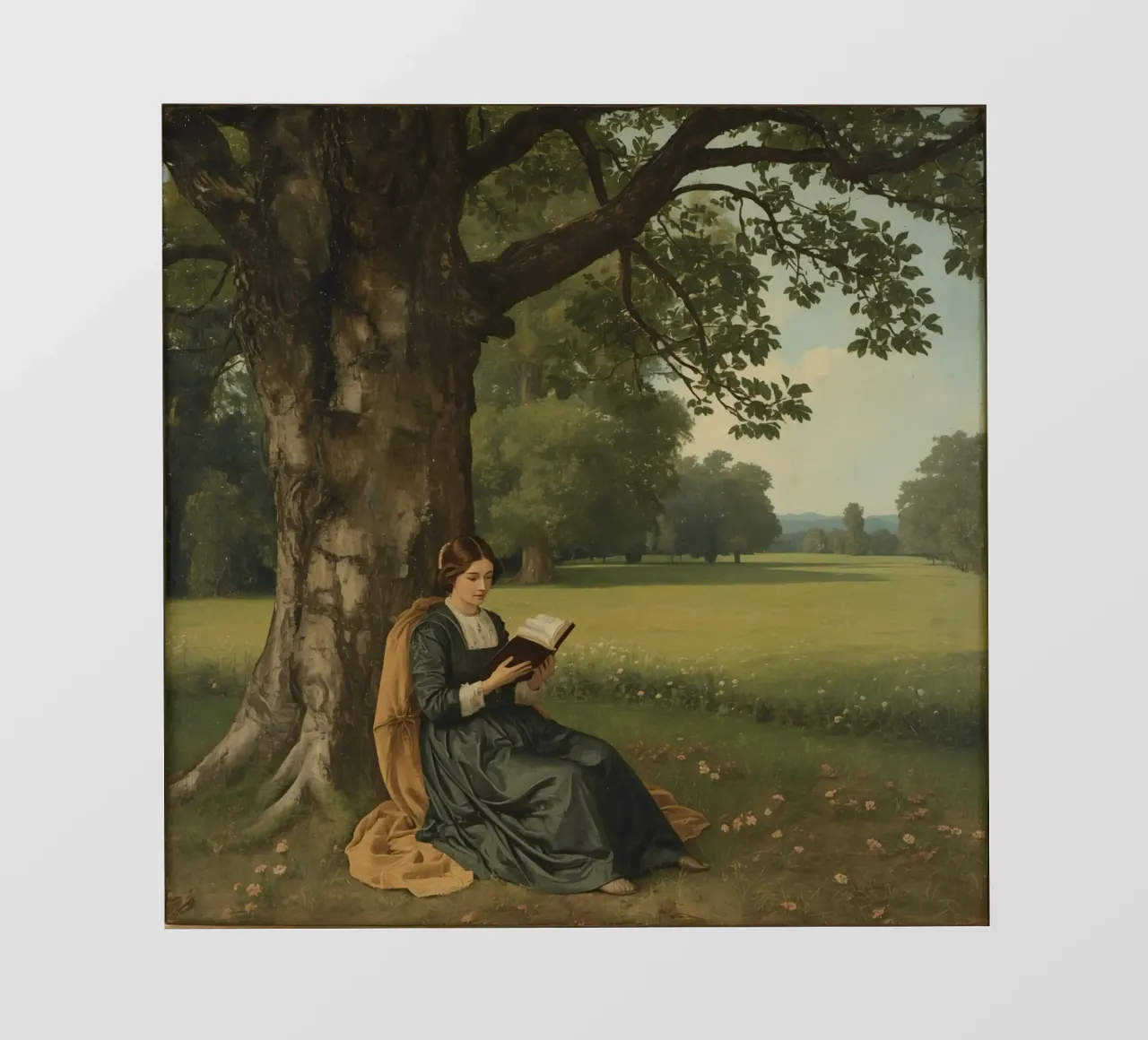 Ragazza che legge un libro sotto un grande albero in un parco verdeggiante telo in pvc da DesignDoodle