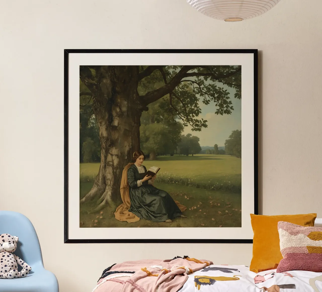 Ragazza che legge un libro sotto un grande albero in un parco verdeggiante poster con telaio in alluminio da DesignDoodle