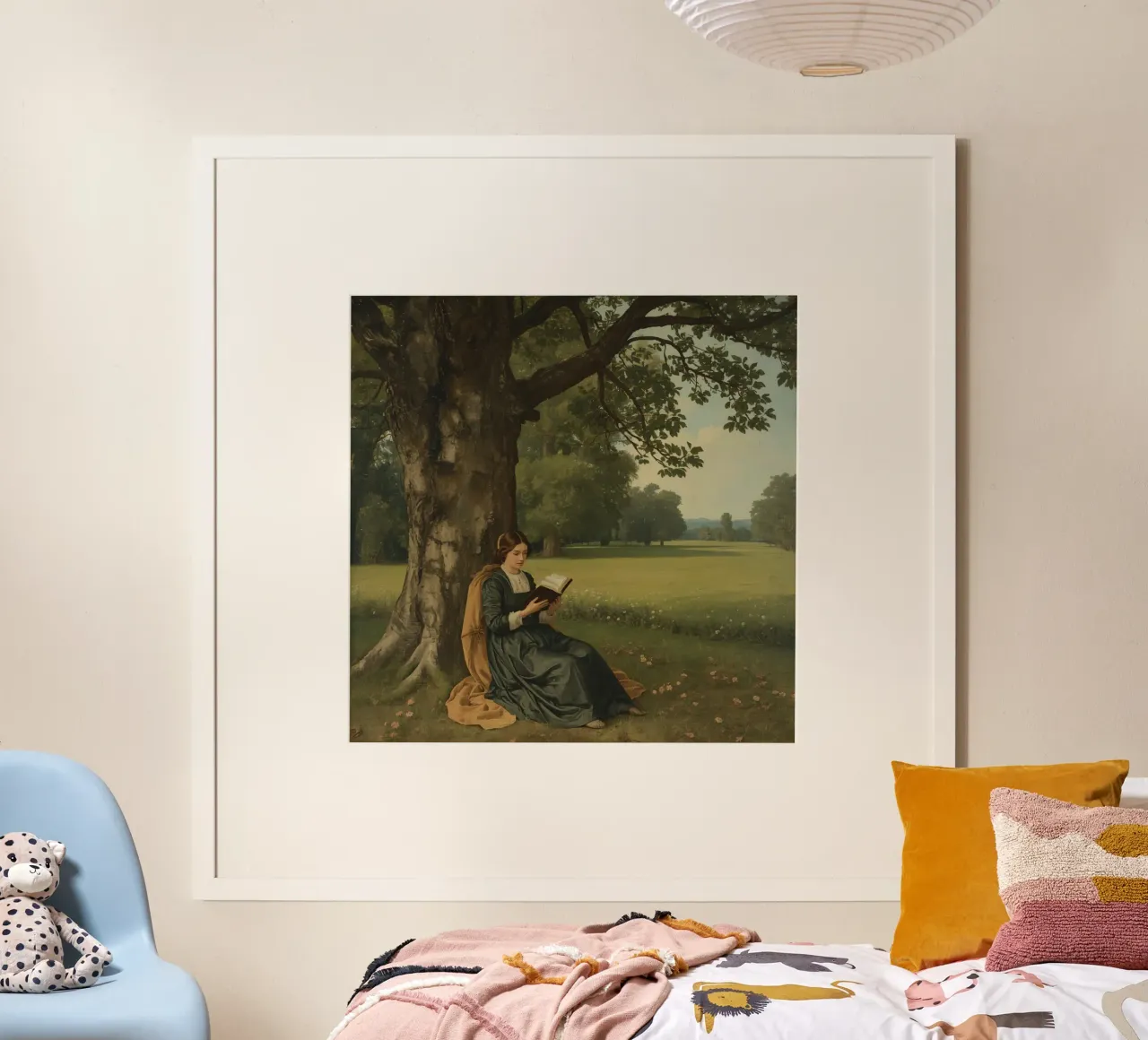 Ragazza che legge un libro sotto un grande albero in un parco verdeggiante poster con telaio in alluminio da DesignDoodle