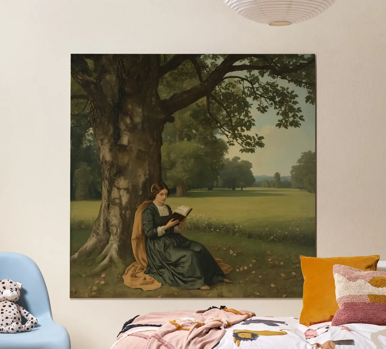 Ragazza che legge un libro sotto un grande albero in un parco verdeggiante poster con telaio in alluminio da DesignDoodle