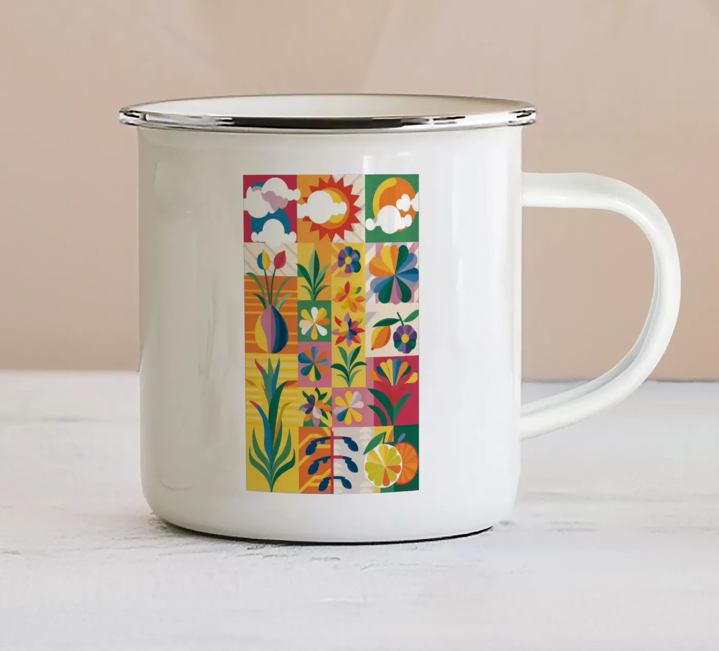 Eclectic Garden Patchwork enamel mug by Solar Paint
