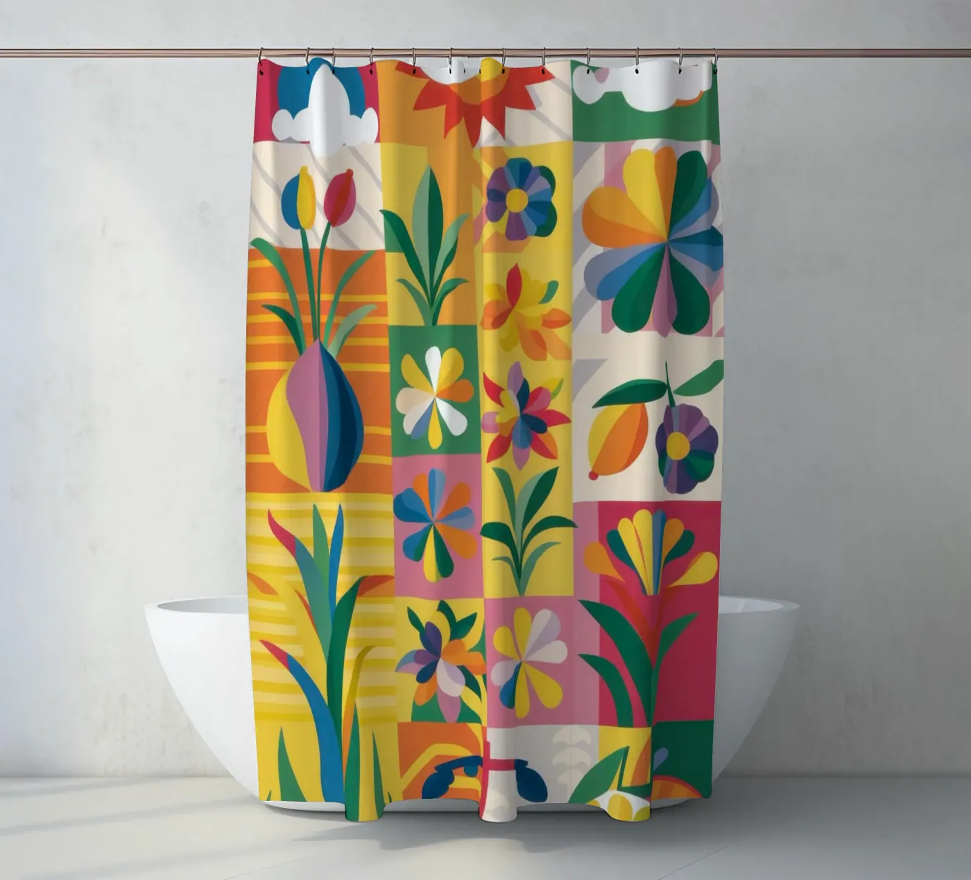 Eclectische tuin patchwork douchegordijn van Solar Paint