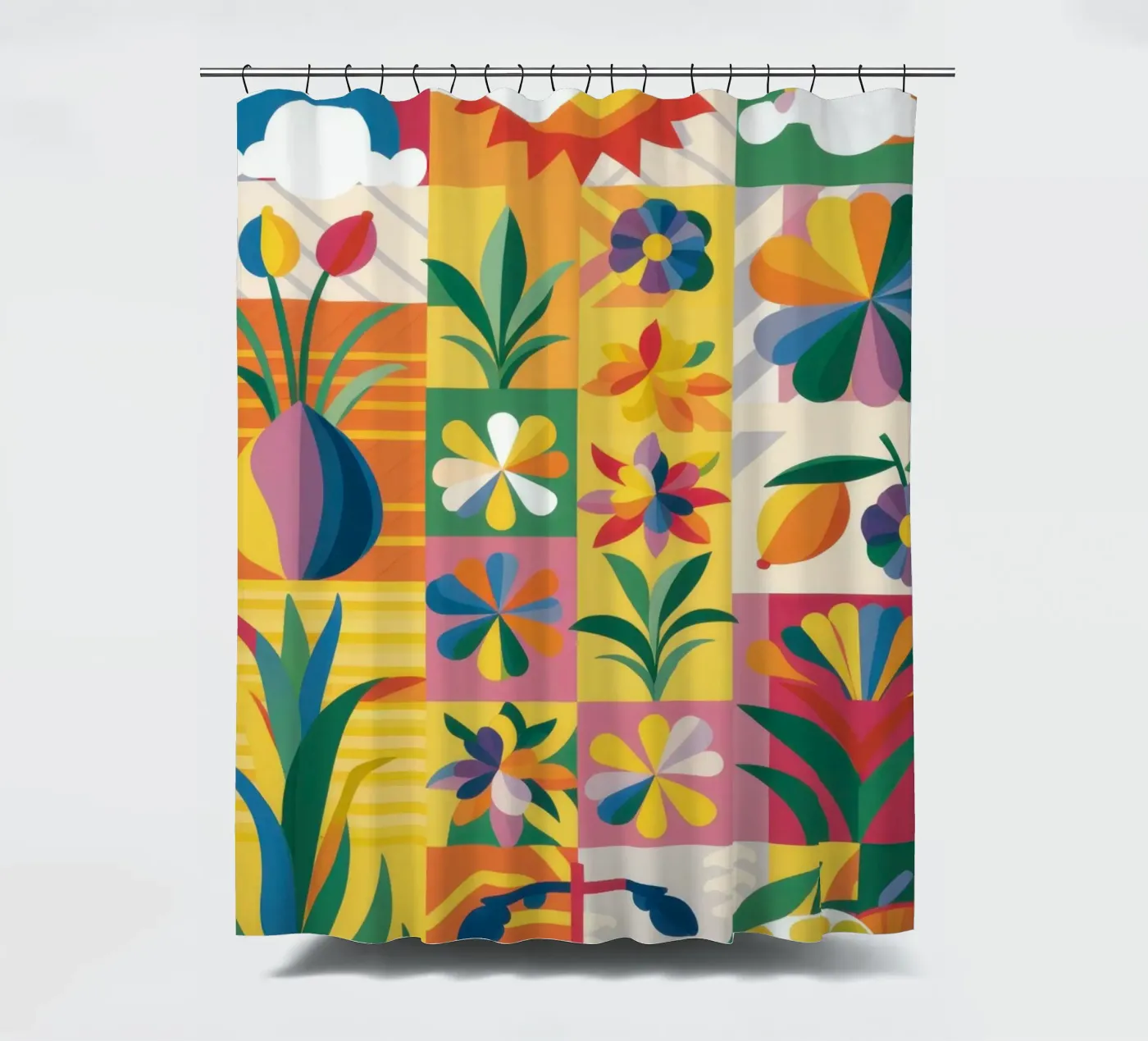 Eclectische tuin patchwork douchegordijn van Solar Paint