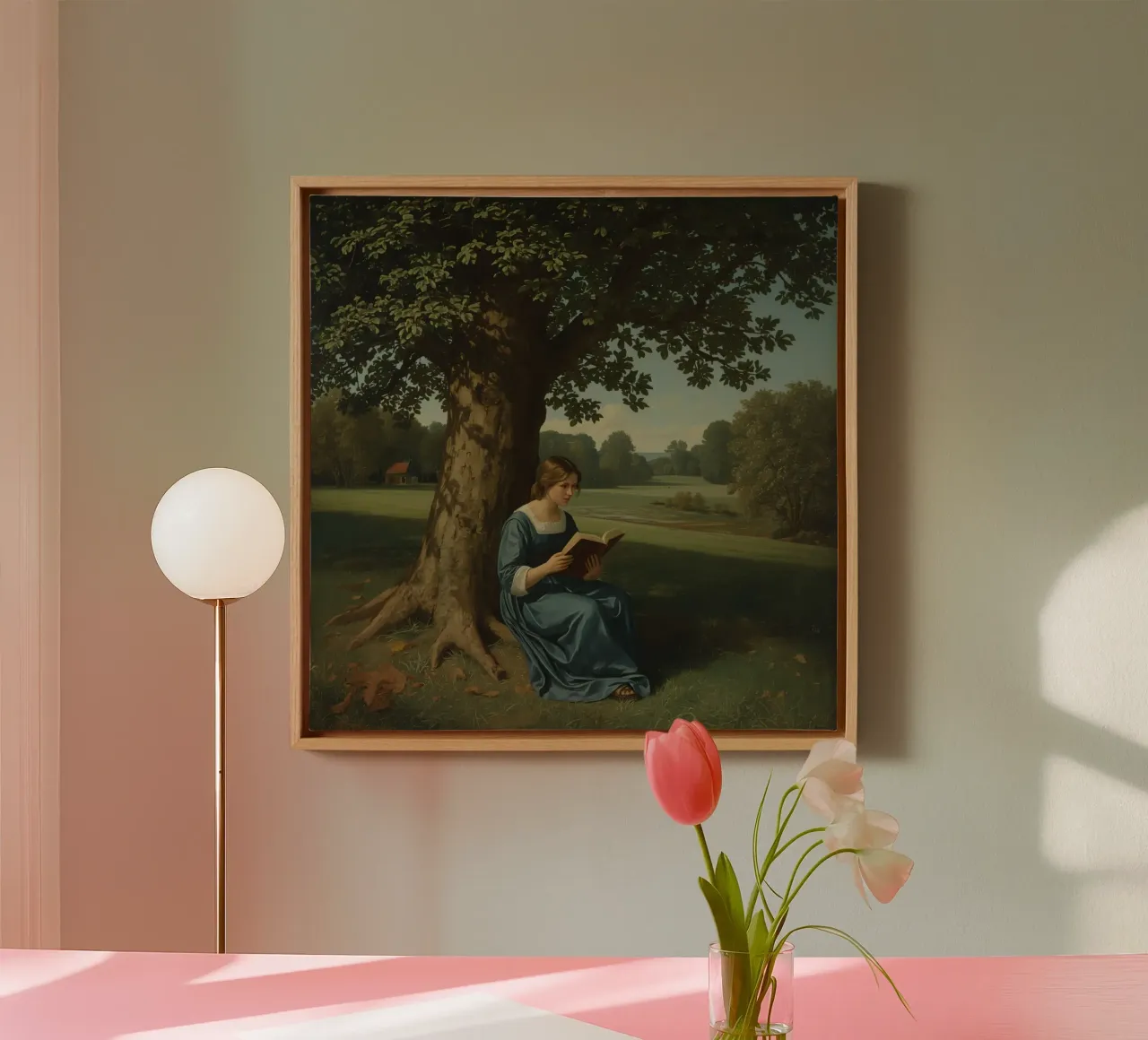 Young woman reads a book while sitting under a large tree canvas with Floater frame by DesignDoodle