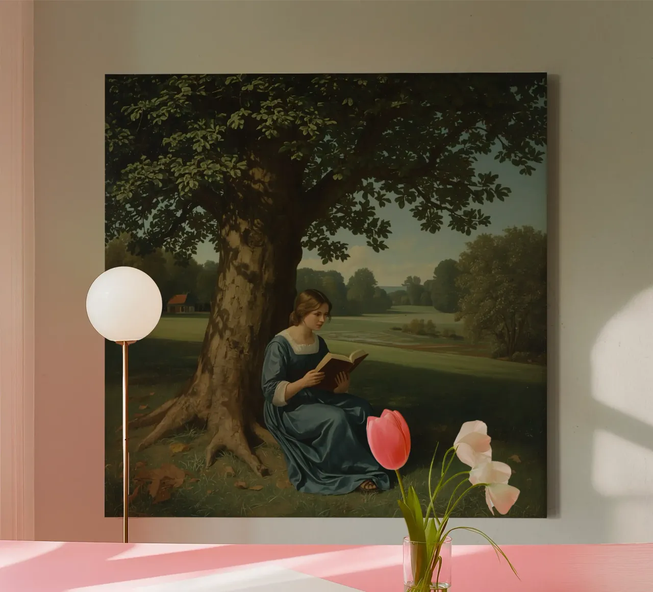 Young woman reads a book while sitting under a large tree canvas with Floater frame by DesignDoodle