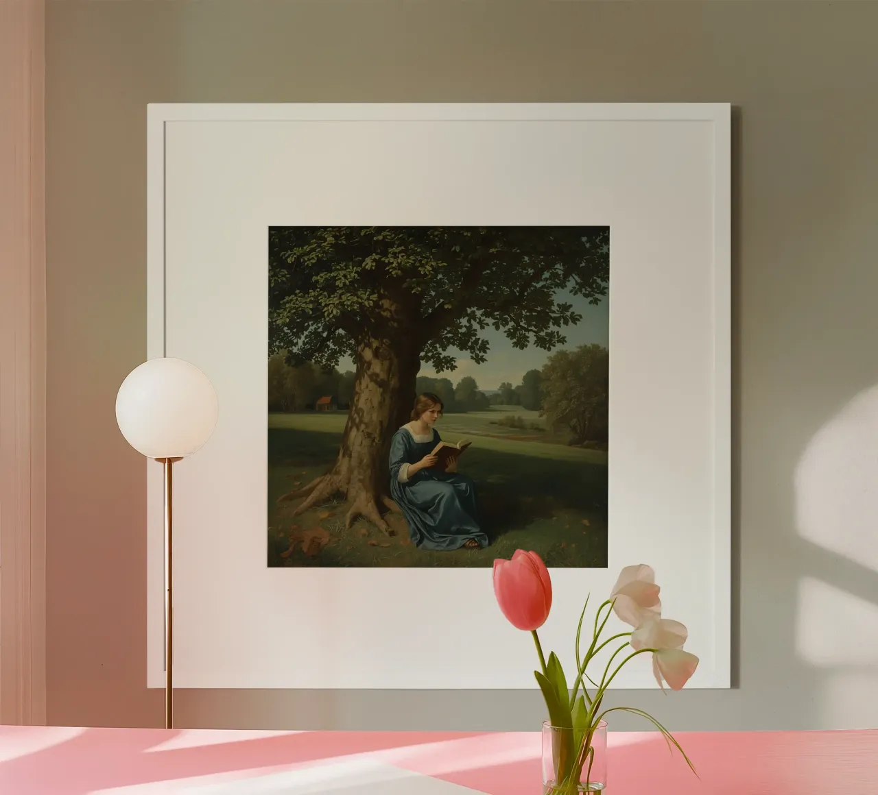 Junge Frau liest ein Buch, während sie unter einem großen Baum sitzt Poster von DesignDoodle