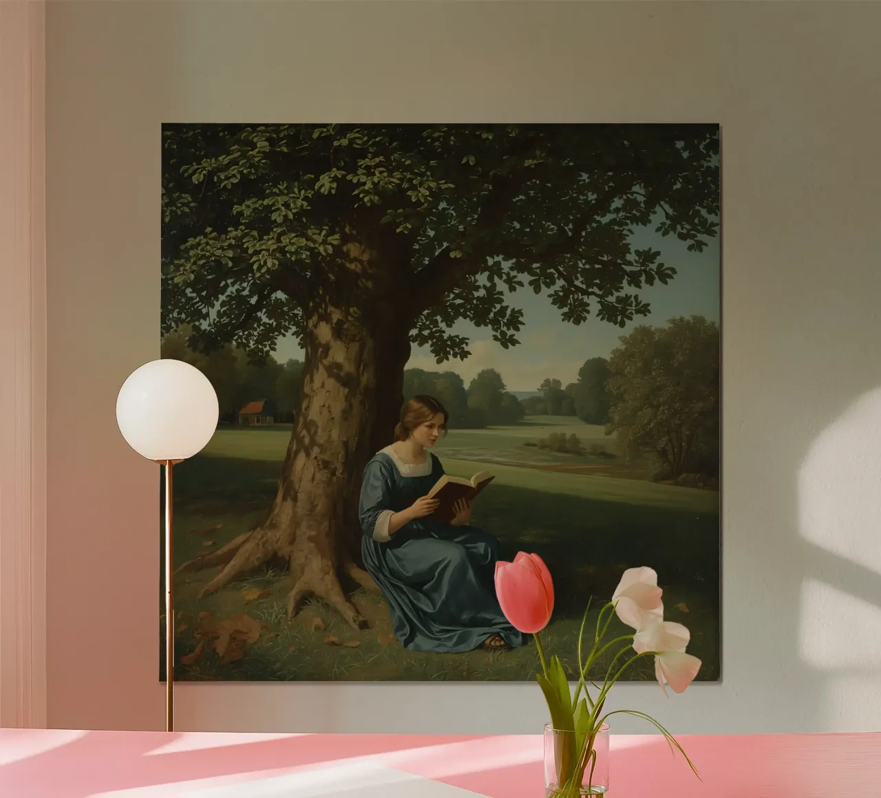 Junge Frau liest ein Buch, während sie unter einem großen Baum sitzt Poster von DesignDoodle
