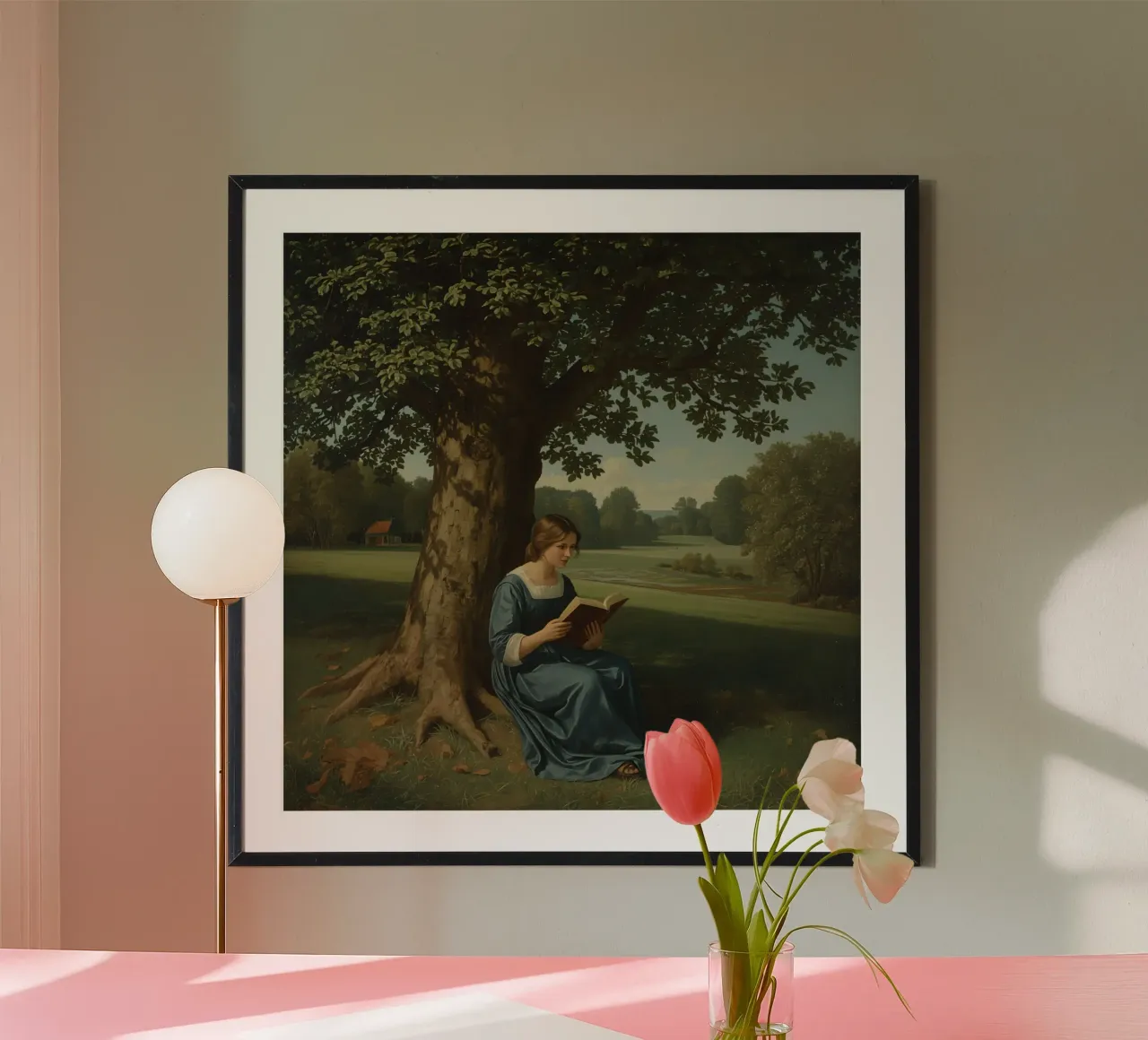 Junge Frau liest ein Buch, während sie unter einem großen Baum sitzt Poster von DesignDoodle