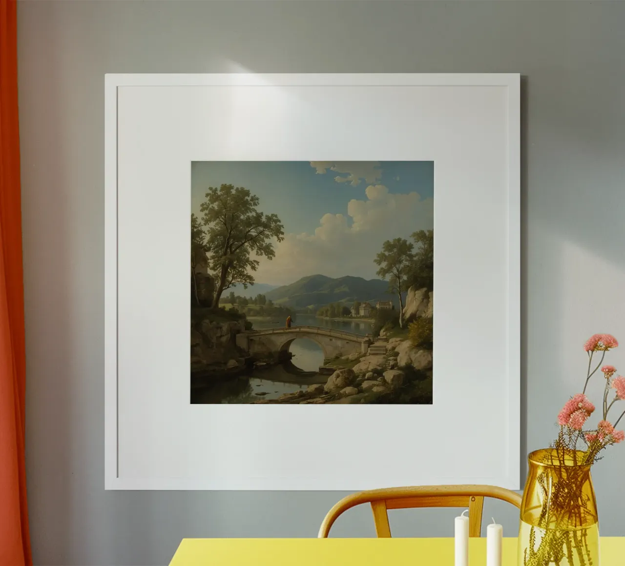 Paesaggio pittoresco con ponte di pietra poster con telaio in alluminio da DesignDoodle