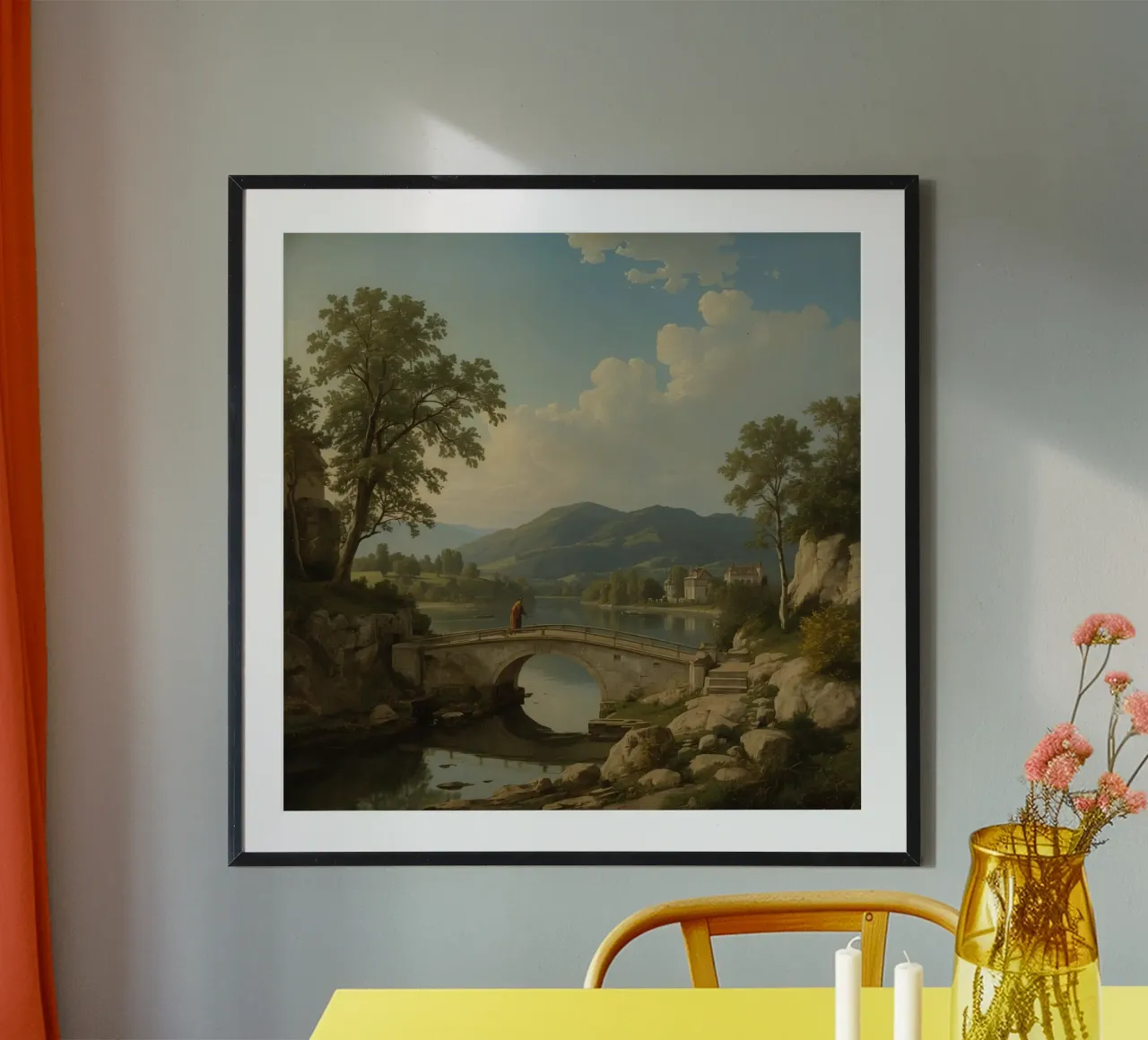 Paesaggio pittoresco con ponte di pietra poster con telaio in alluminio da DesignDoodle