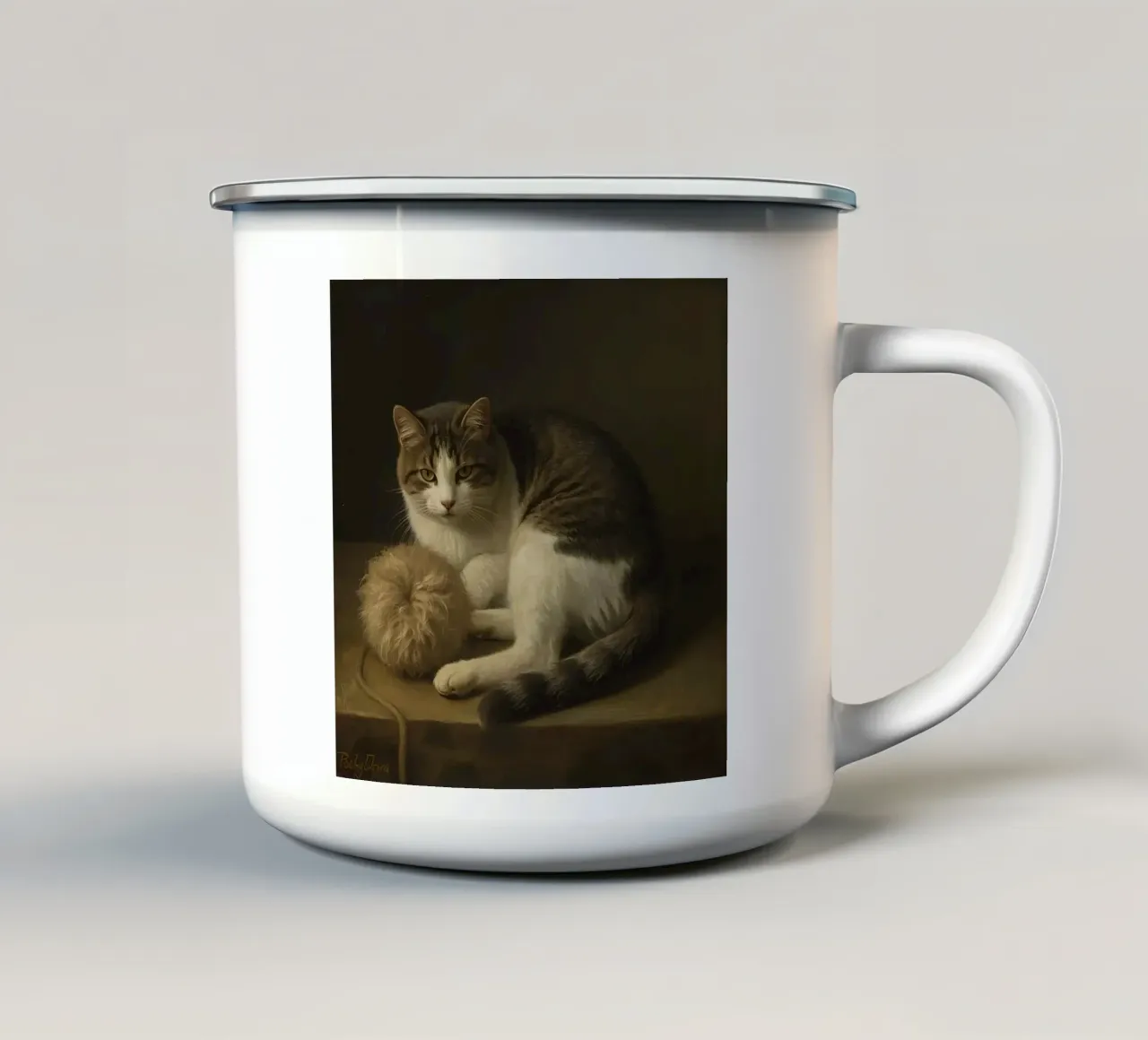 Grijs met witte kat rustend naast wollen garenbal emaille mok van DesignDoodle