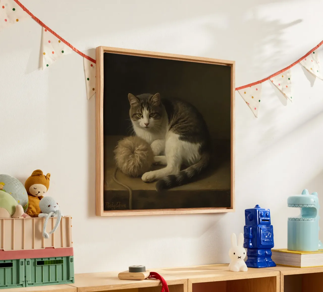 Grijs met witte kat rustend naast wollen garenbal canvas met Baklijst van DesignDoodle