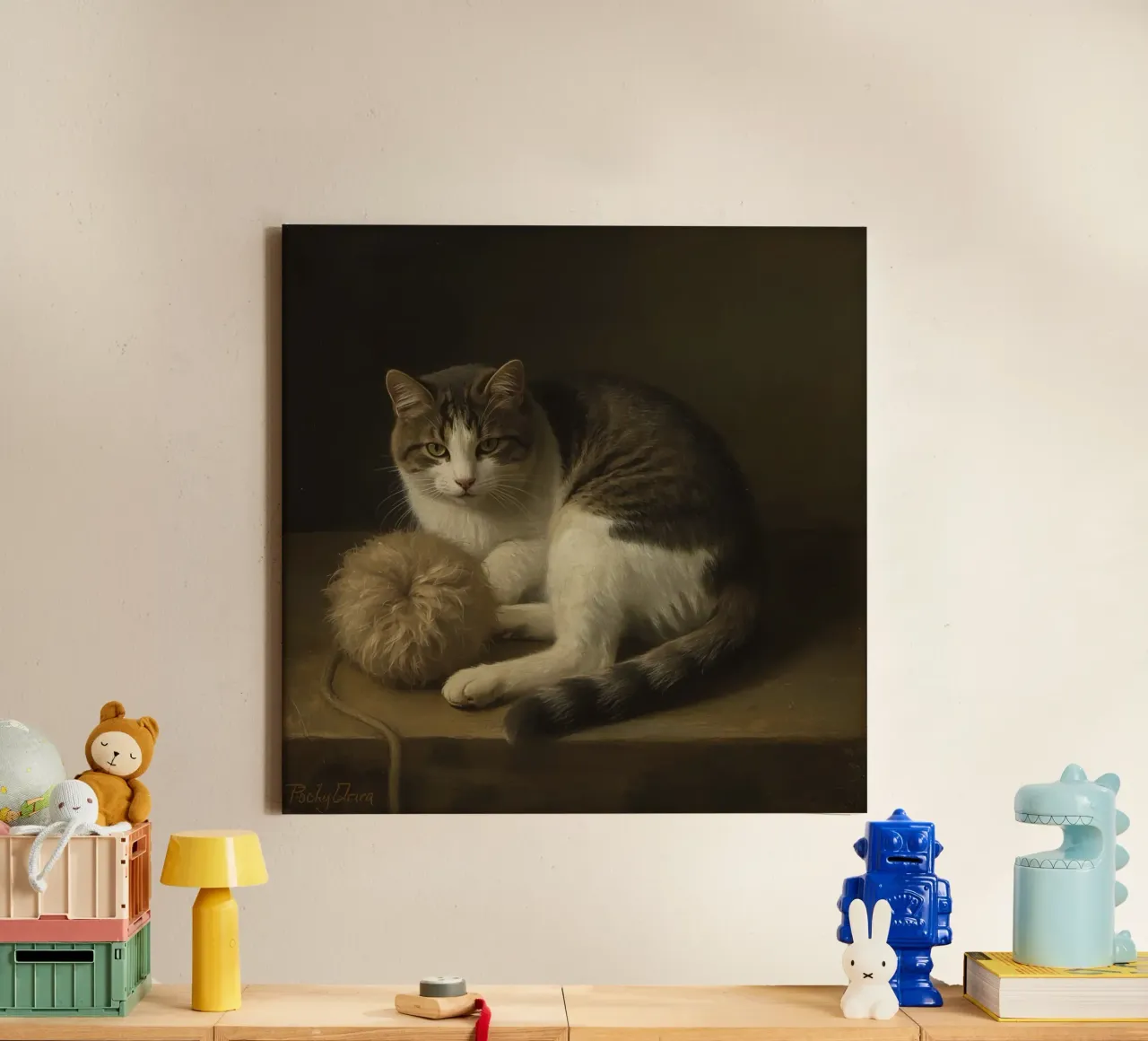 Grijs met witte kat rustend naast wollen garenbal canvas met Baklijst van DesignDoodle