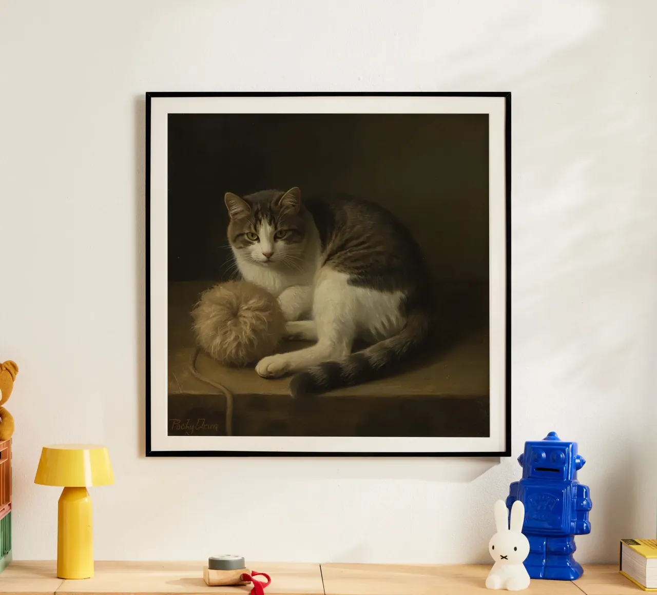 Grijs met witte kat rustend naast wollen garenbal poster met kunststof frame van DesignDoodle