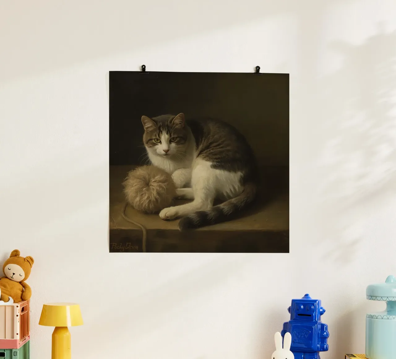 Grijs met witte kat rustend naast wollen garenbal poster met kunststof frame van DesignDoodle