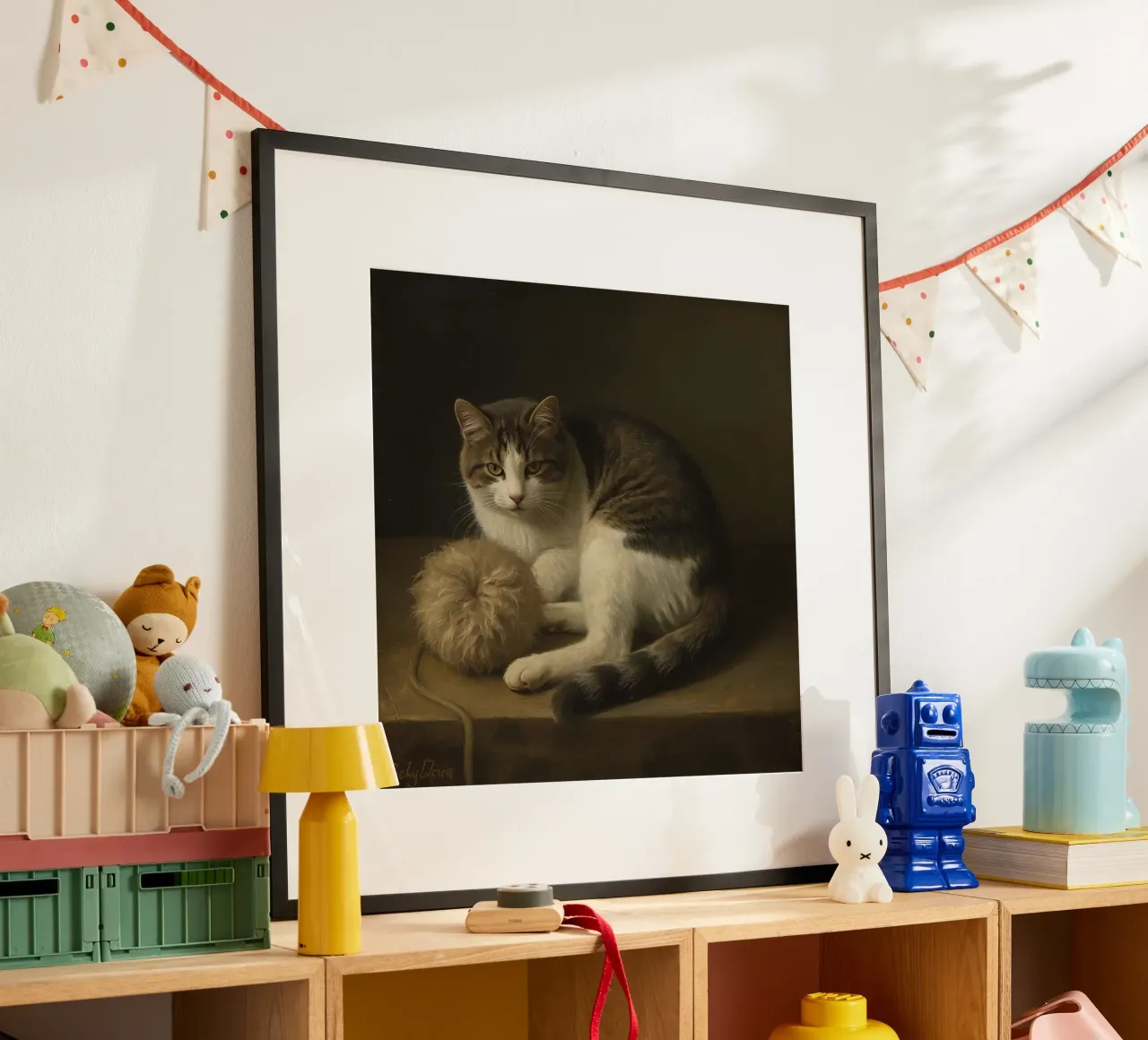 Grijs met witte kat rustend naast wollen garenbal poster met kunststof frame van DesignDoodle